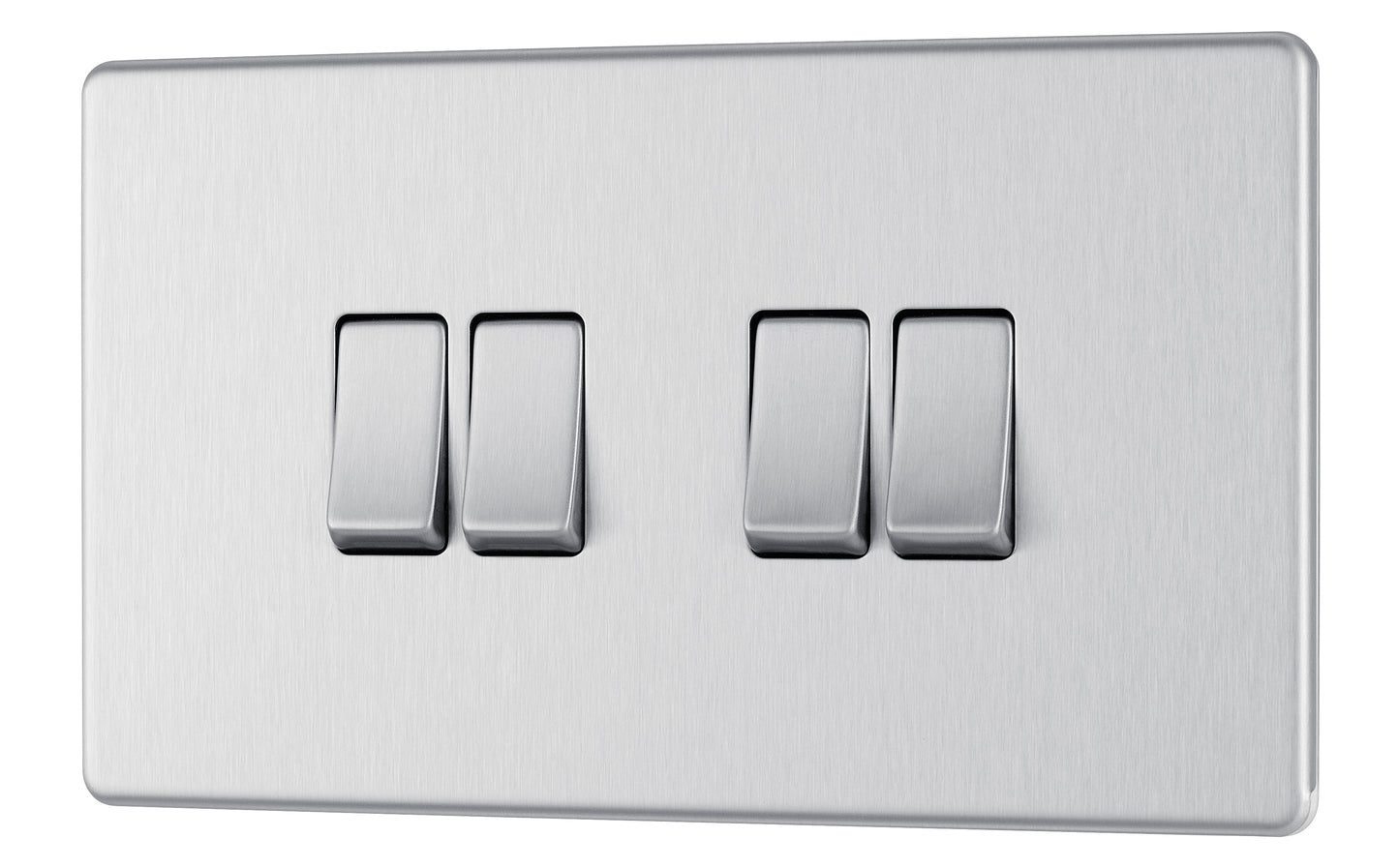 British General | FBS44 | Flatplate Screwless Four Gang 2 Way Switch, Brushed Steel | 25 Years Warranty