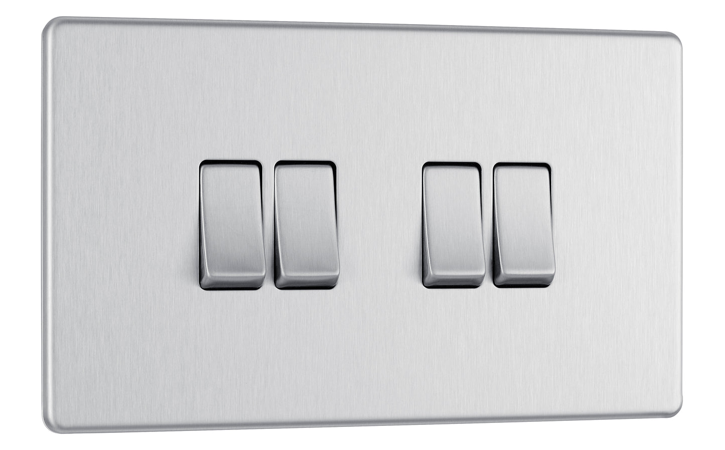 British General | FBS44 | Flatplate Screwless Four Gang 2 Way Switch, Brushed Steel | 25 Years Warranty