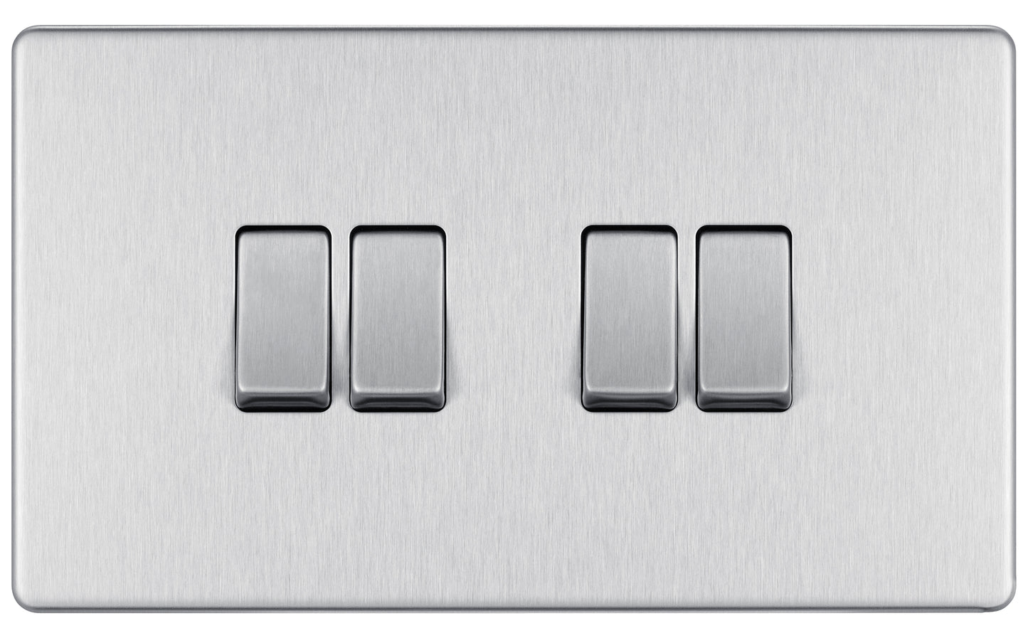 British General | FBS44 | Flatplate Screwless Four Gang 2 Way Switch, Brushed Steel | 25 Years Warranty