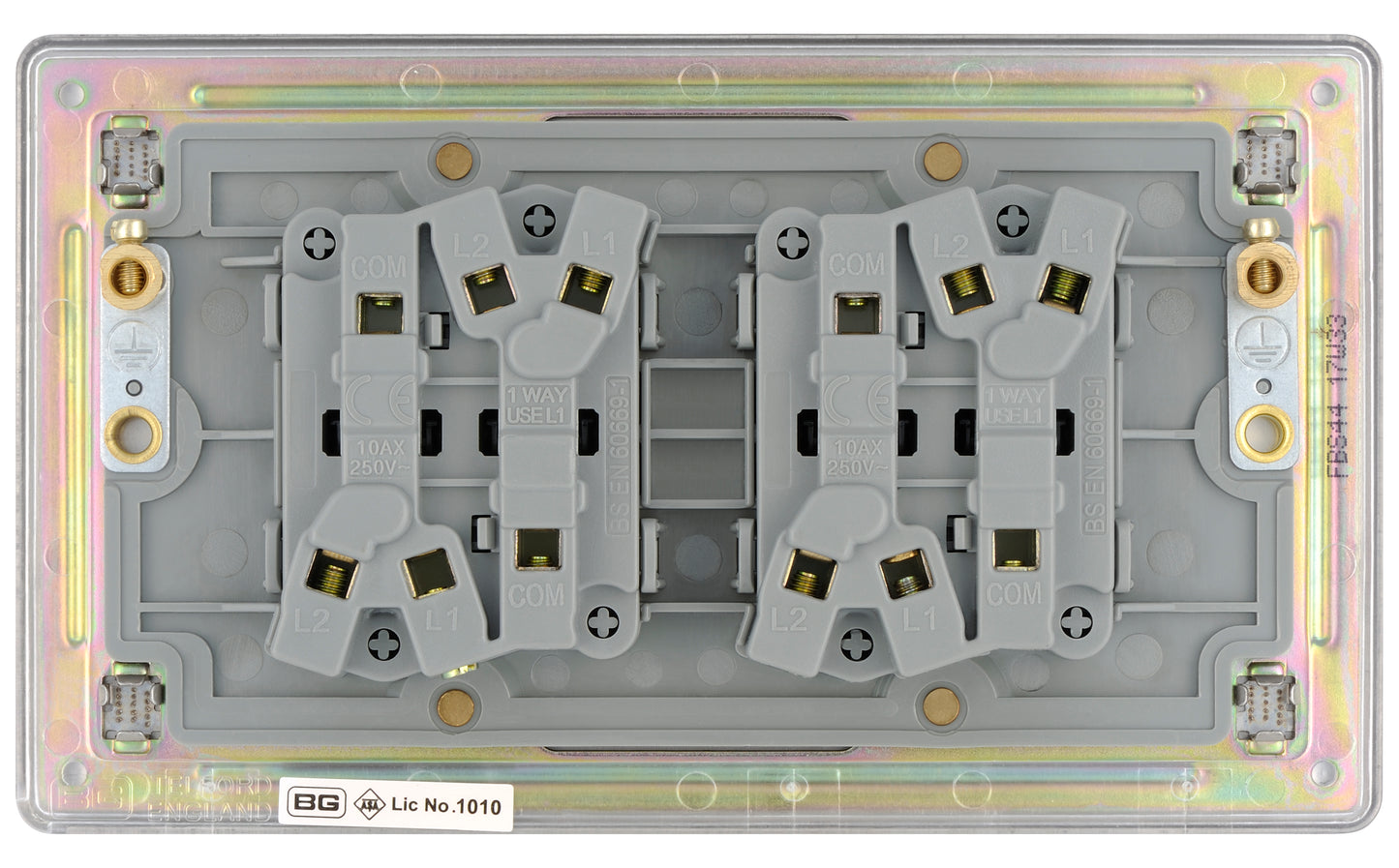 British General | FBS44 | Flatplate Screwless Four Gang 2 Way Switch, Brushed Steel | 25 Years Warranty