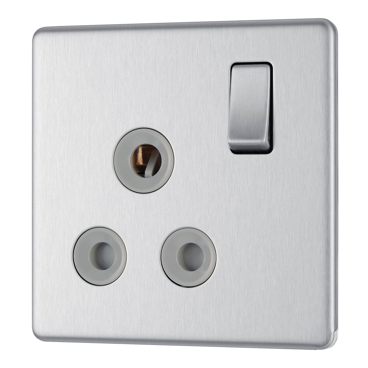 British General | FBS99G | Flatplate Screwless 15A Switched Socket Brushed Steel Grey Insert  | 25 Years Warranty