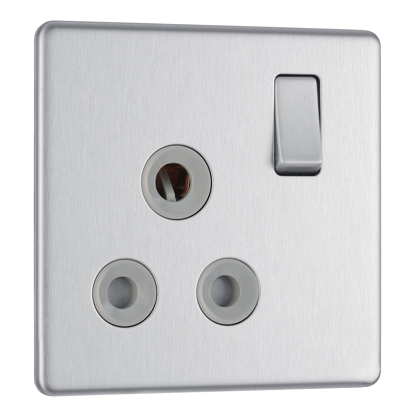 British General | FBS99G | Flatplate Screwless 15A Switched Socket Brushed Steel Grey Insert  | 25 Years Warranty