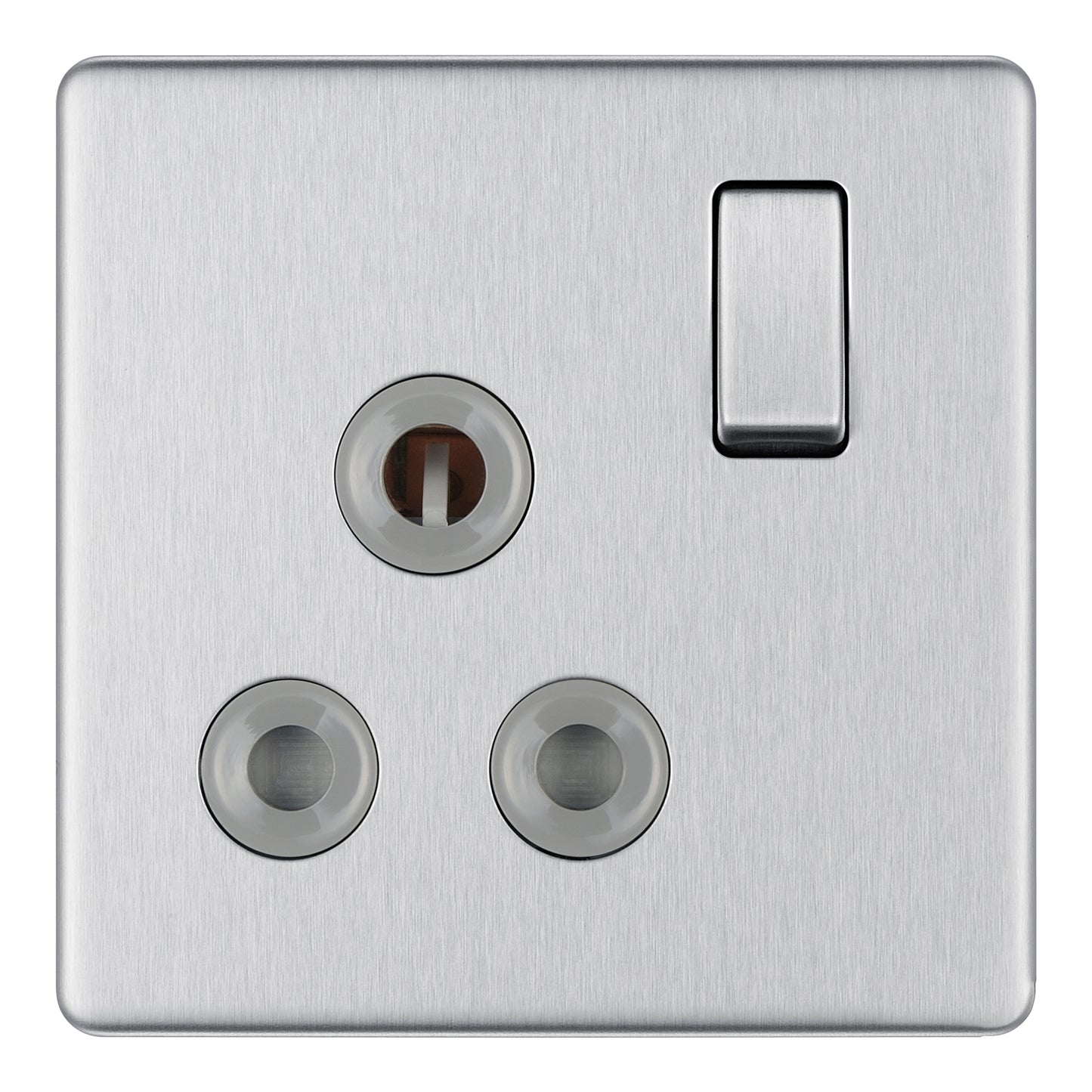 British General | FBS99G | Flatplate Screwless 15A Switched Socket Brushed Steel Grey Insert  | 25 Years Warranty