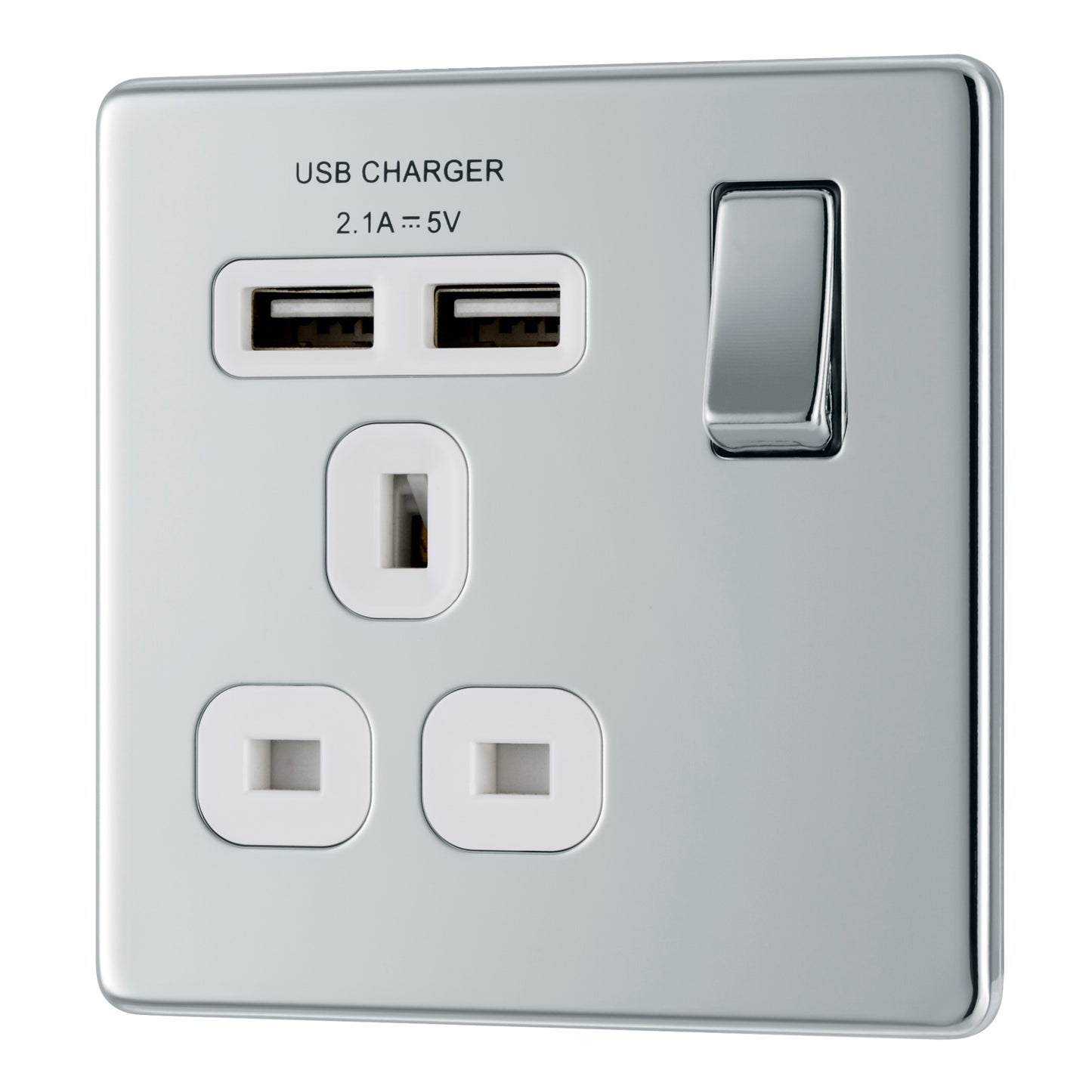 British General | FPC21U2W | Screwless Flatplate 13A Switched Single Socket with USB Charger, 13A, 1 gang SP, switched + 2 x USB (2.1A) | 10 Years Warranty