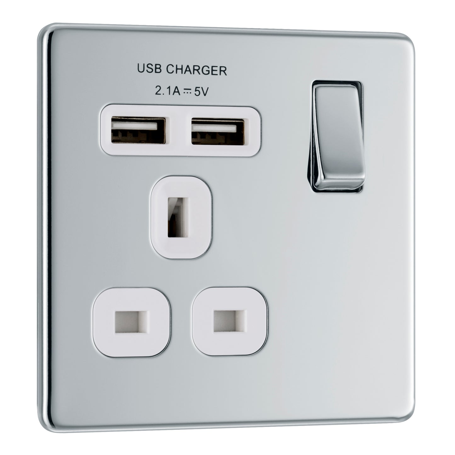 British General | FPC21U2W | Screwless Flatplate 13A Switched Single Socket with USB Charger, 13A, 1 gang SP, switched + 2 x USB (2.1A) | 10 Years Warranty