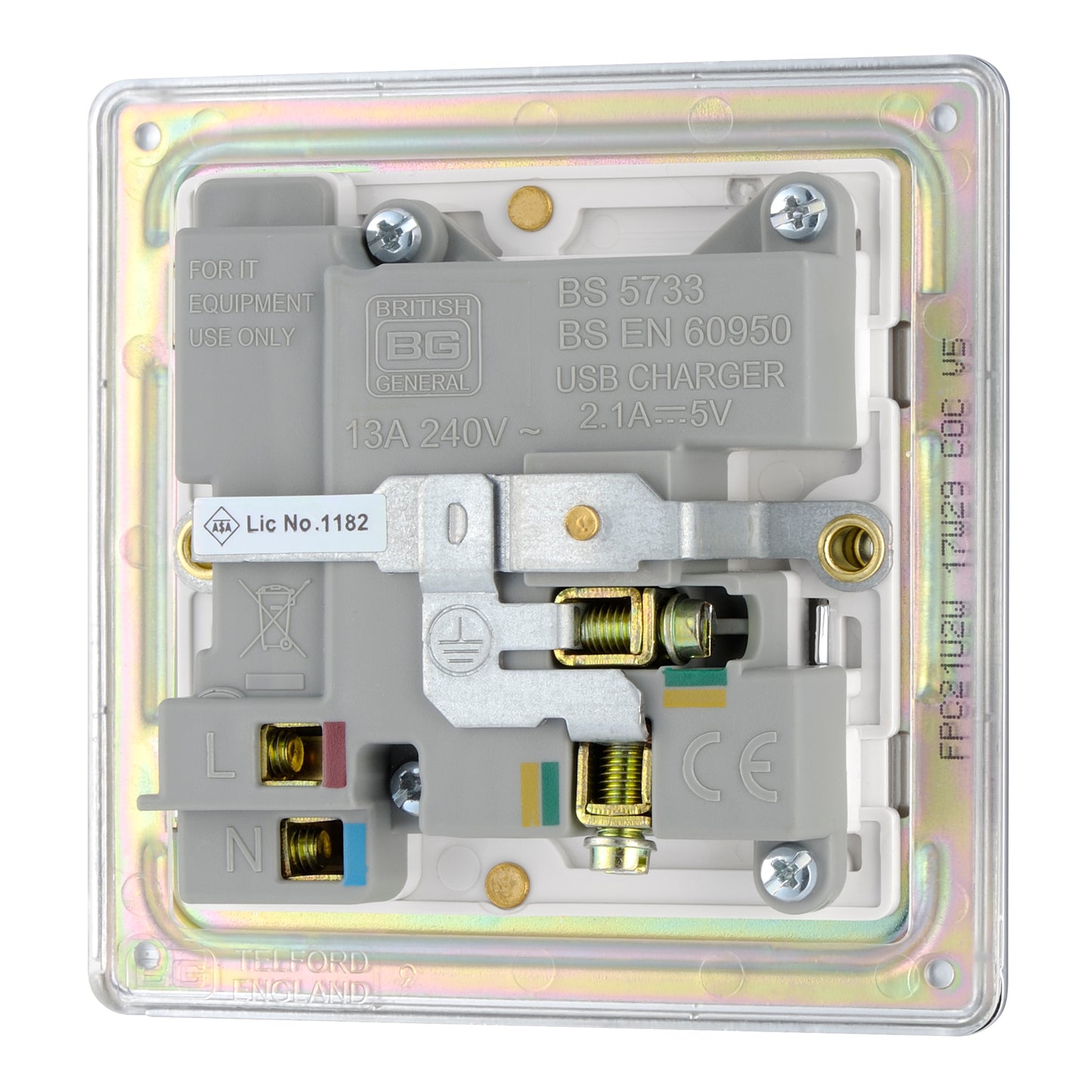 British General | FPC21U2W | Screwless Flatplate 13A Switched Single Socket with USB Charger, 13A, 1 gang SP, switched + 2 x USB (2.1A) | 10 Years Warranty