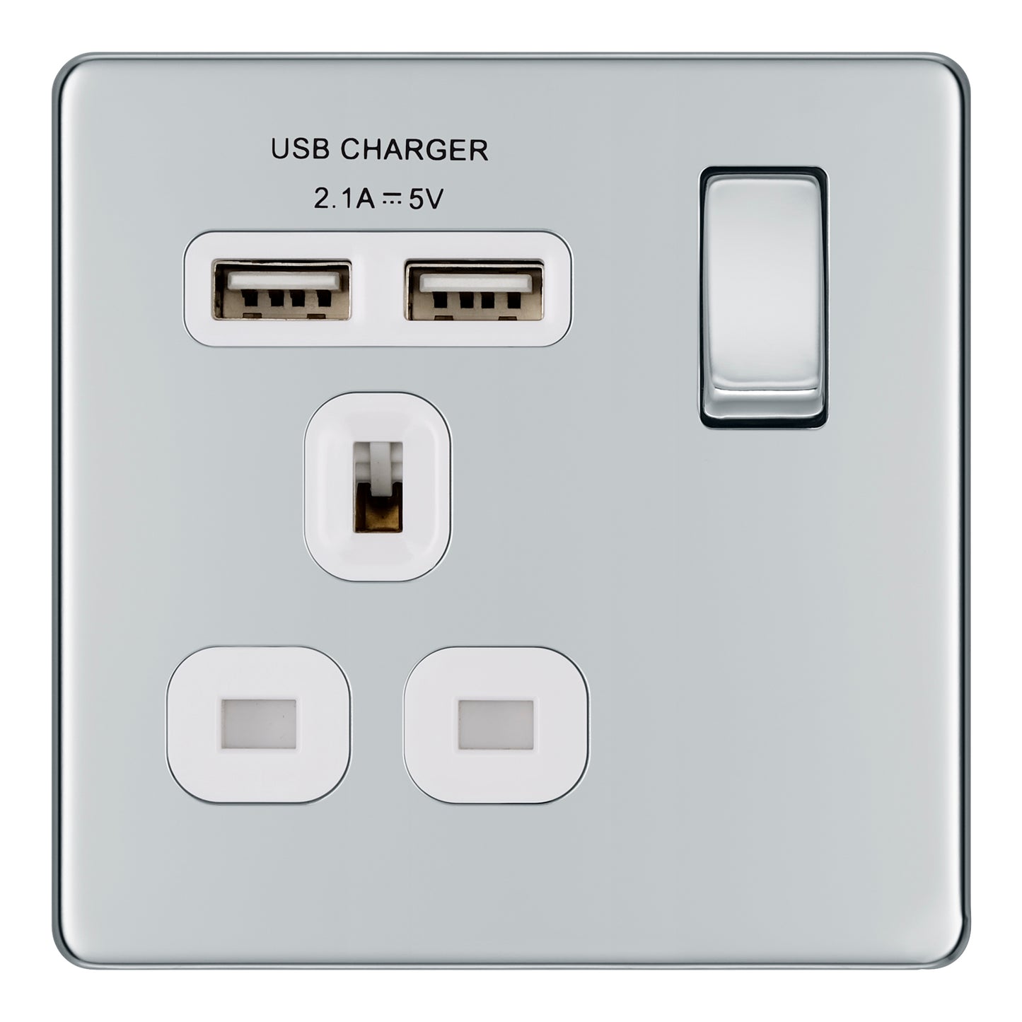 British General | FPC21U2W | Screwless Flatplate 13A Switched Single Socket with USB Charger, 13A, 1 gang SP, switched + 2 x USB (2.1A) | 10 Years Warranty