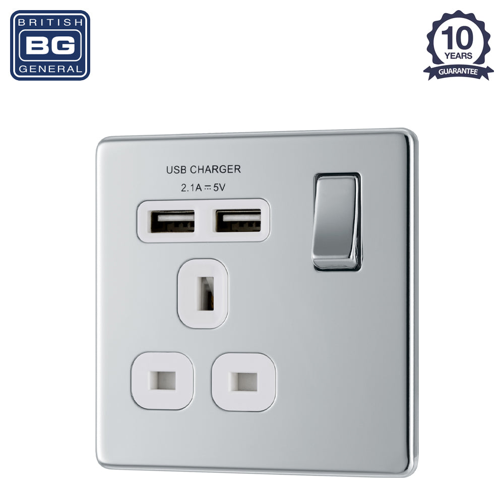 British General | FPC21U2W | Screwless Flatplate 13A Switched Single Socket with USB Charger, 13A, 1 gang SP, switched + 2 x USB (2.1A) | 10 Years Warranty