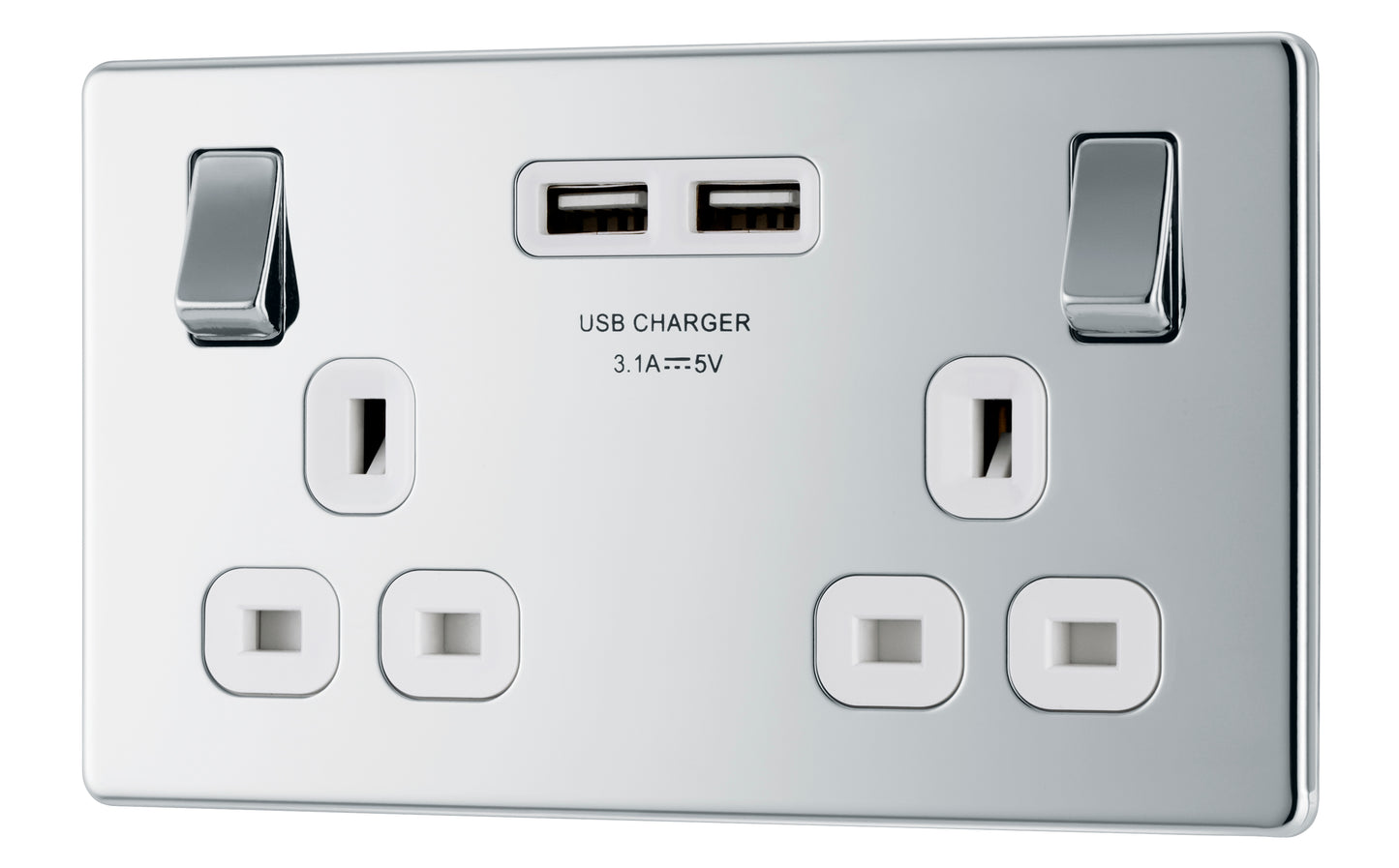 British General | FPC22U3W-01 | Flatplate Screwless Double Socket with USB Charger | 10 Years Warranty