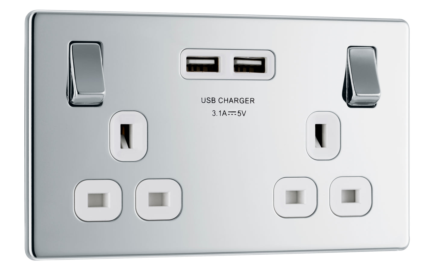 British General | FPC22U3W-01 | Flatplate Screwless Double Socket with USB Charger | 10 Years Warranty