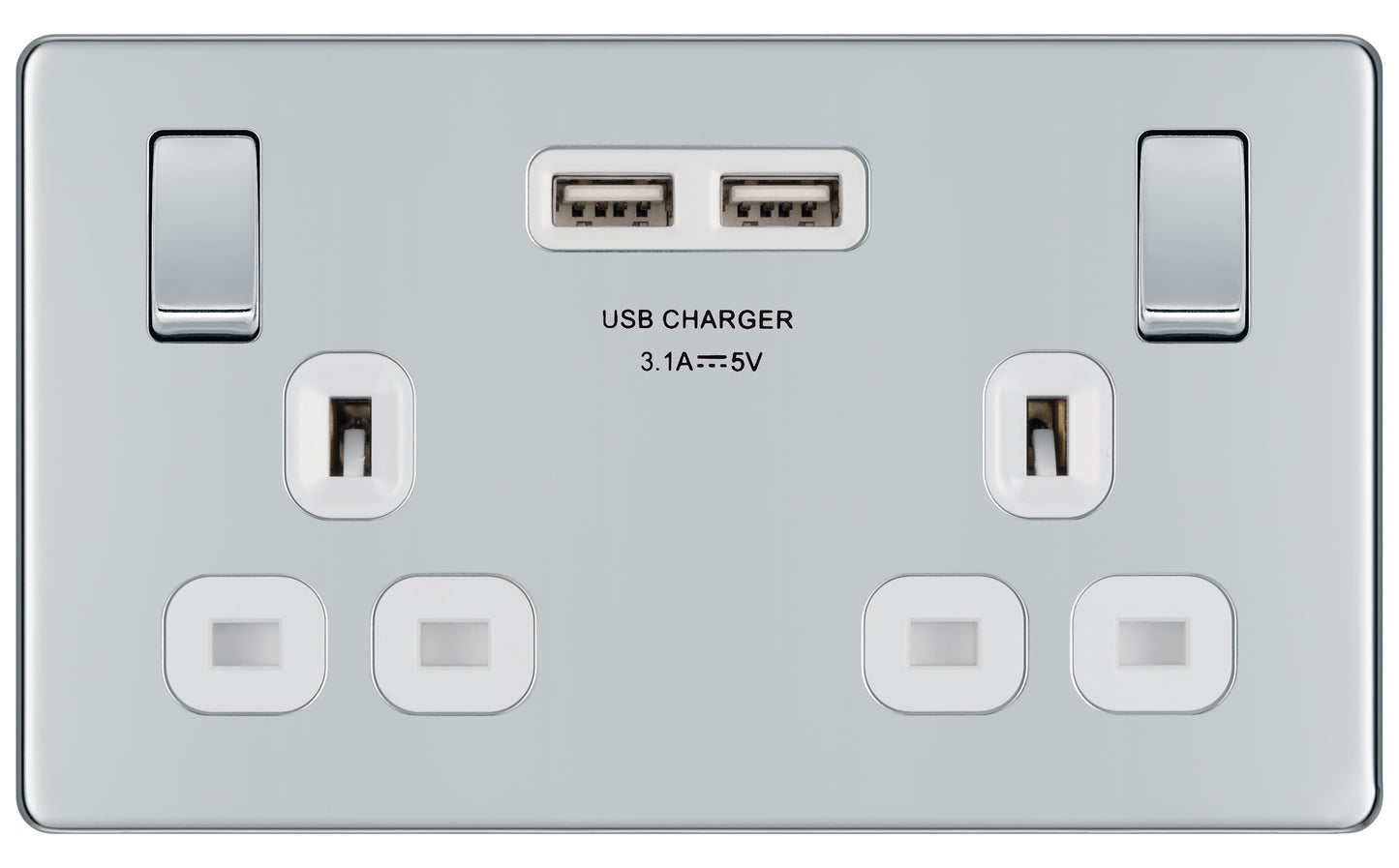 British General | FPC22U3W-01 | Flatplate Screwless Double Socket with USB Charger | 10 Years Warranty