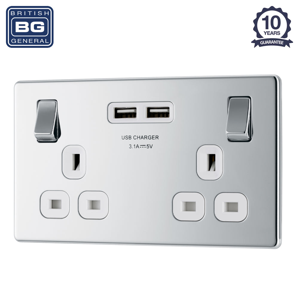 British General | FPC22U3W-01 | Flatplate Screwless Double Socket with USB Charger | 10 Years Warranty