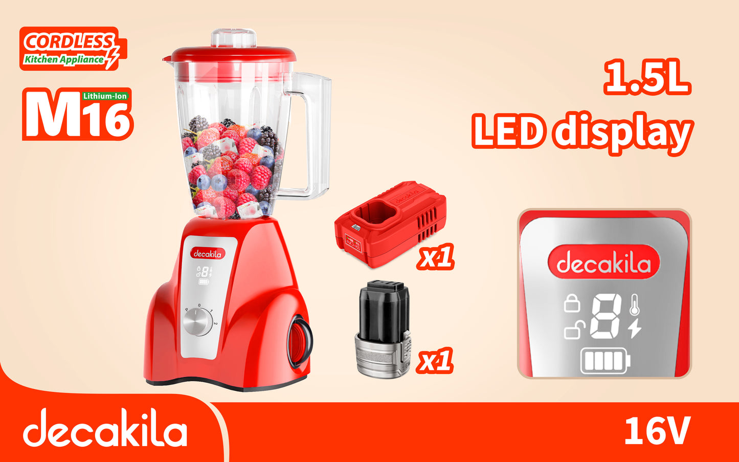 Decakila KEJB051 | 16V SHARE Battery Series Cordless Stand Blender | 300W | 2000mAh | 1.5L | 6 Cups | 2 Speeds | LED Display | 1-Year Warranty