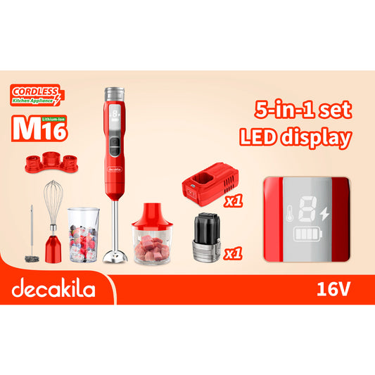 Decakila KEJB056 | 16V SHARE Battery Series 5-In-1 Cordless Hand Blender Set | 100W | 2000mAh | 5 Speeds | LED Display | Stainless Steel Blades | 1-Year Warranty