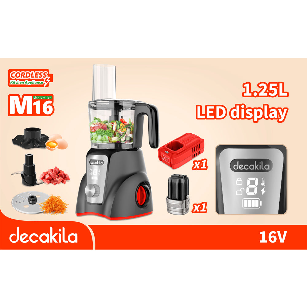 Decakila KEMG027 | 16V SHARE Battery Series Cordless Food Processor | 250W | 2000mAh | 2 Speeds | LED Display | 1.25L | 1-Year Warranty