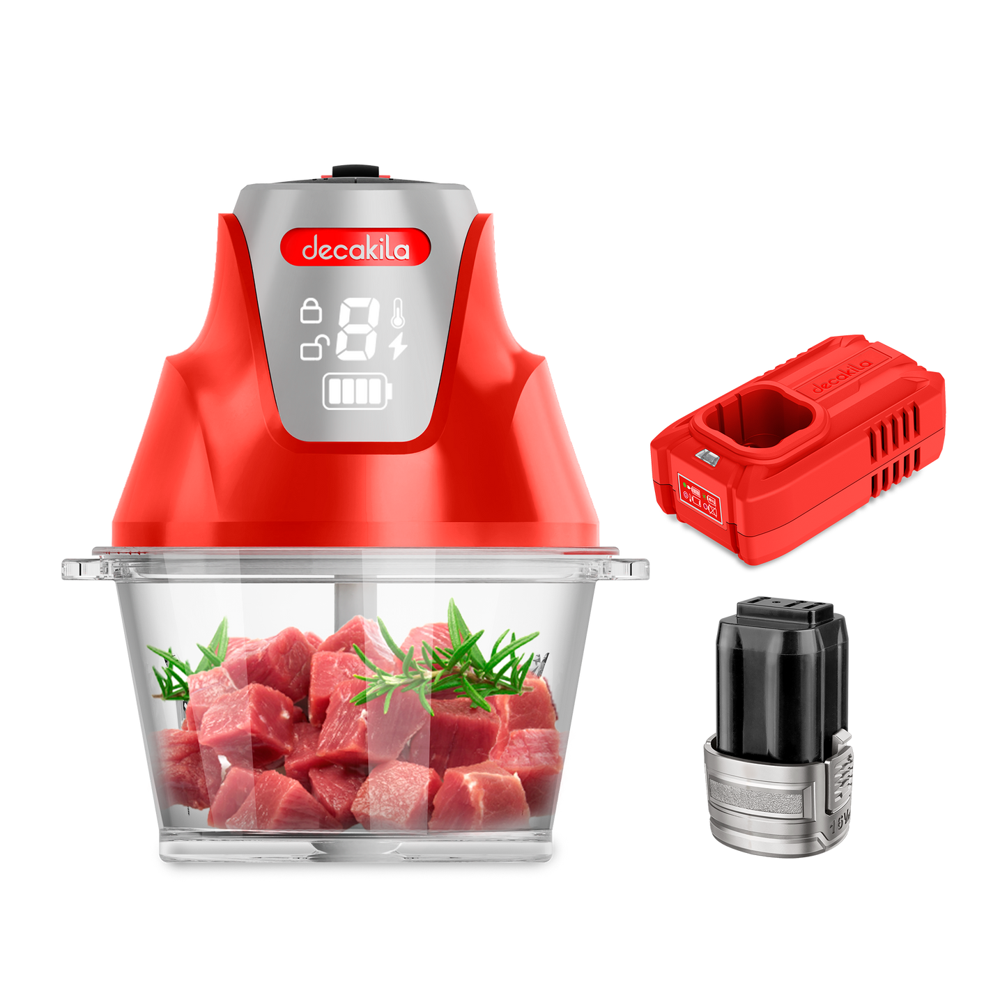 Decakila KEMG029R | 16V SHARE Battery Series Food Chopper | 200W | 2000mAh| 2 Speeds | LED Display | 1-Year Warranty