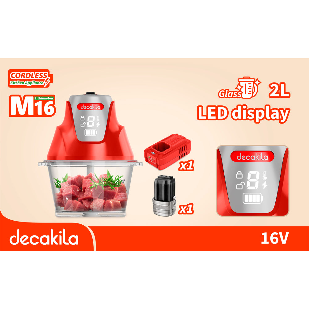 Decakila KEMG029R | 16V SHARE Battery Series Food Chopper | 200W | 2000mAh| 2 Speeds | LED Display | 1-Year Warranty