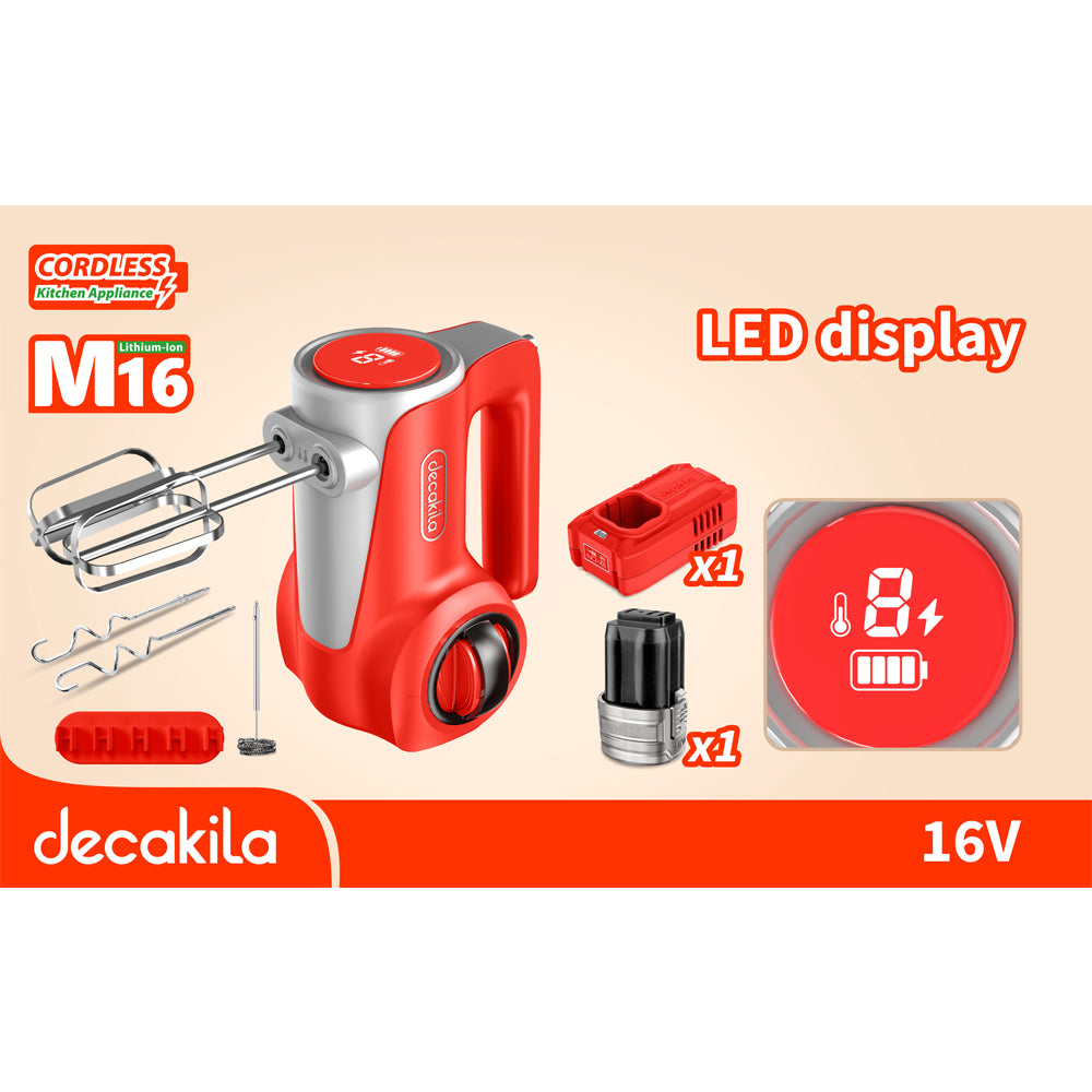 Decakila KEMX023 | 16V SHARE Battery Series Cordless Hand Mixer | 125W | 2000mAh | 7 Speeds | LED Display | 3 Accessories | 1-Year Warranty