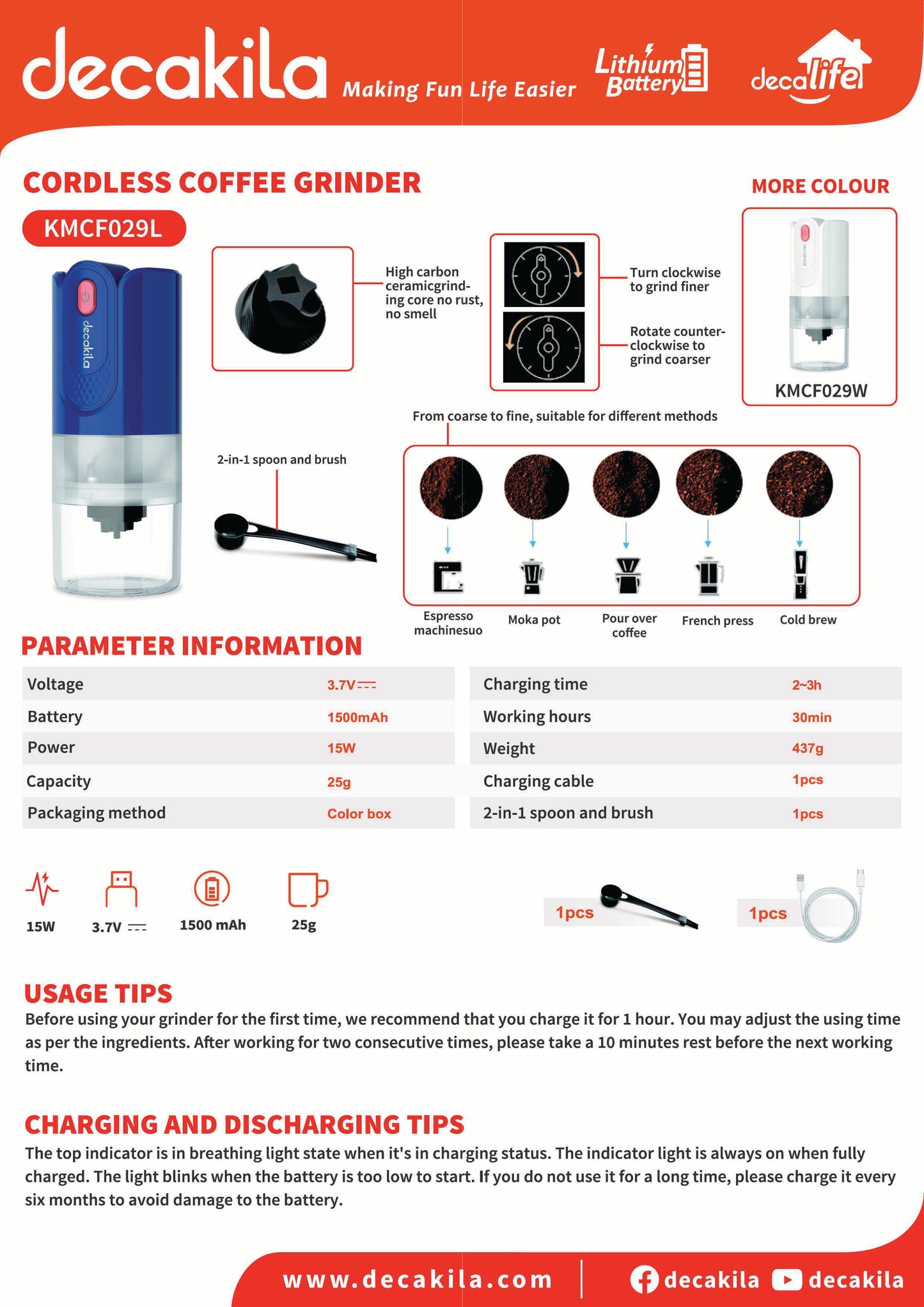 Decakila | KMCF029L/W | Decalife | Cordless Coffee Grinder, Ceramic Grinding Core | 1 Year Warranty