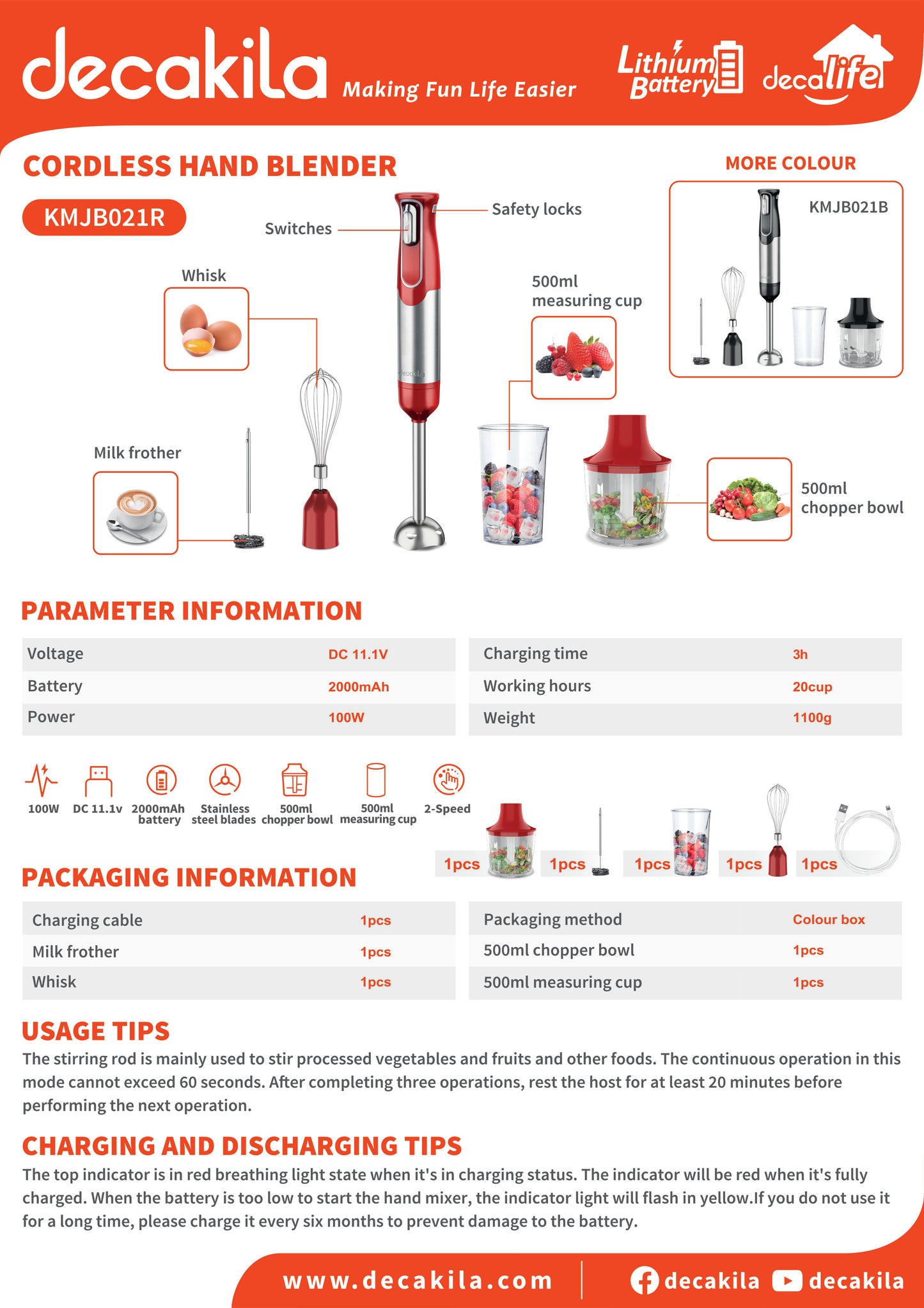 Decakila | KMJB021R | Decaprime | 5-in-1 Cordless Hand Blender, 100W  | 1 Year Warranty