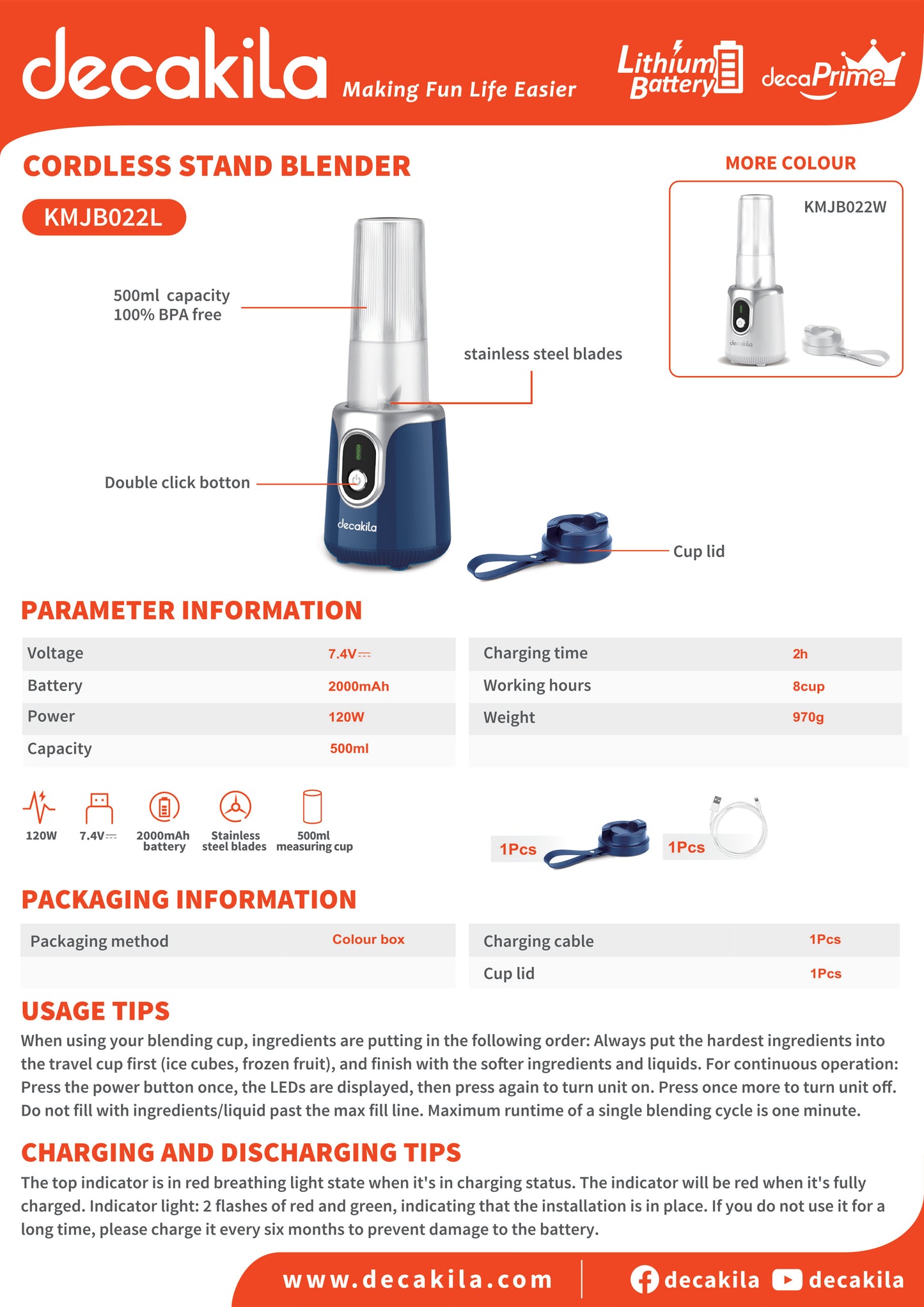 Decakila | KMJB022L/W | Decalife | Cordless Stand Blender, 120W, 500ml | 1 Year Warranty