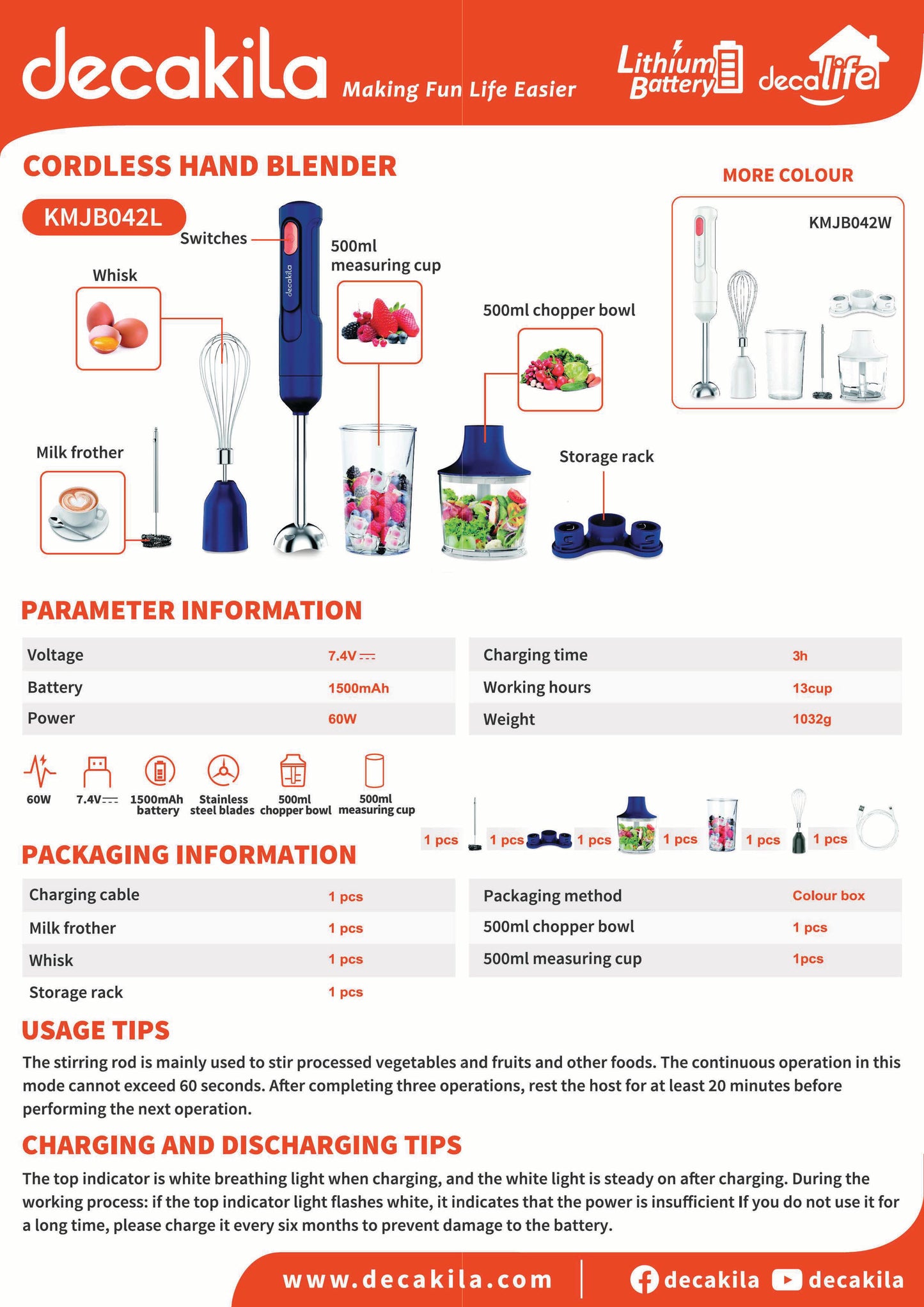 Decakila | KMJB042L/W | Decalife | 5-in-1 Cordless Hand Blender, 60W, SUS Shaft Blend Rod | 1 Year Warranty