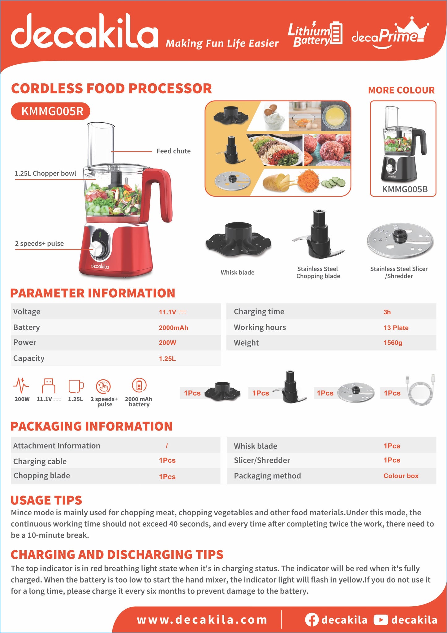 Decakila | KMMG005B/R | Decaprime | Cordless Food Processor, 200W | 1 Year Warranty