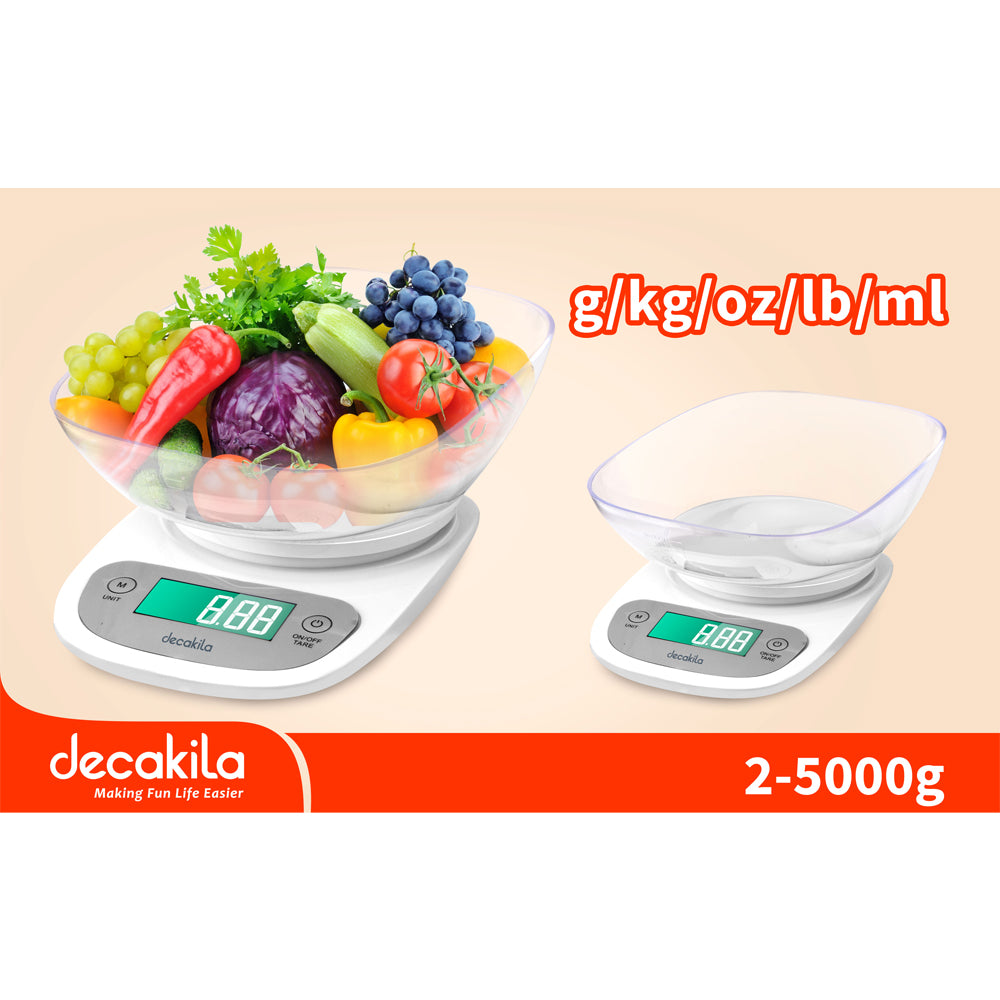 Decakila KMTT092W | Kitchen Scale | 2-5000g | LCD Display | unit: g,kg,oz,lb,ml / LCD with Backlight | 1 Year Warranty