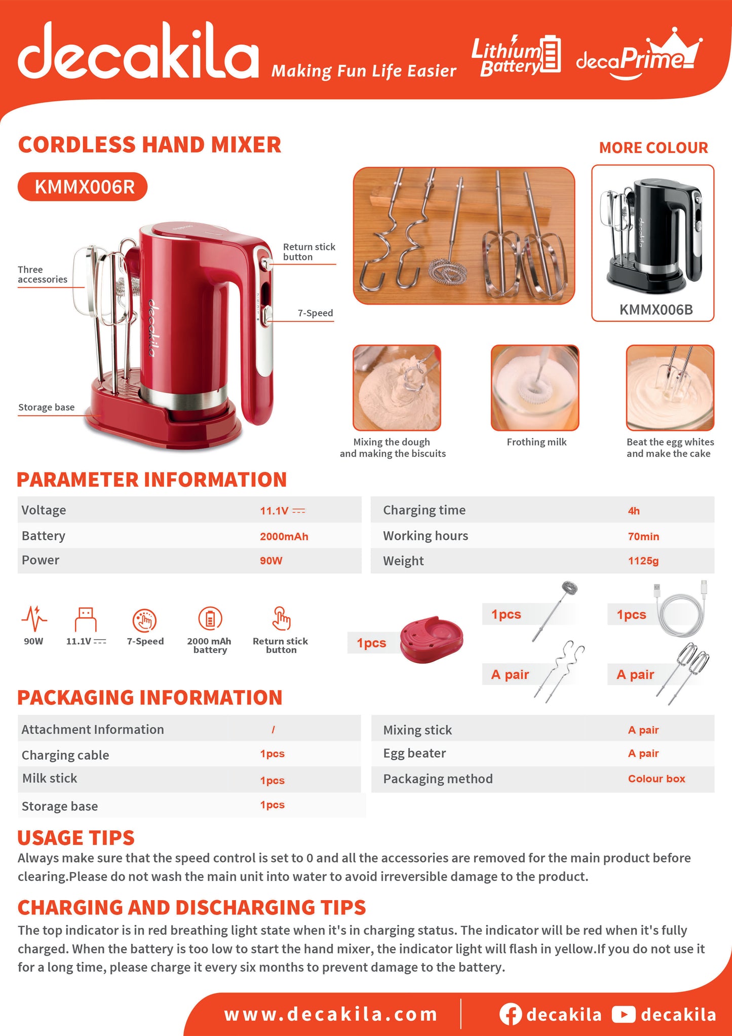 Decakila | KMMX006B/R | Decaprime | Cordless Hand Mixer, 90W, 7-Speed Control | 1 Year Warranty