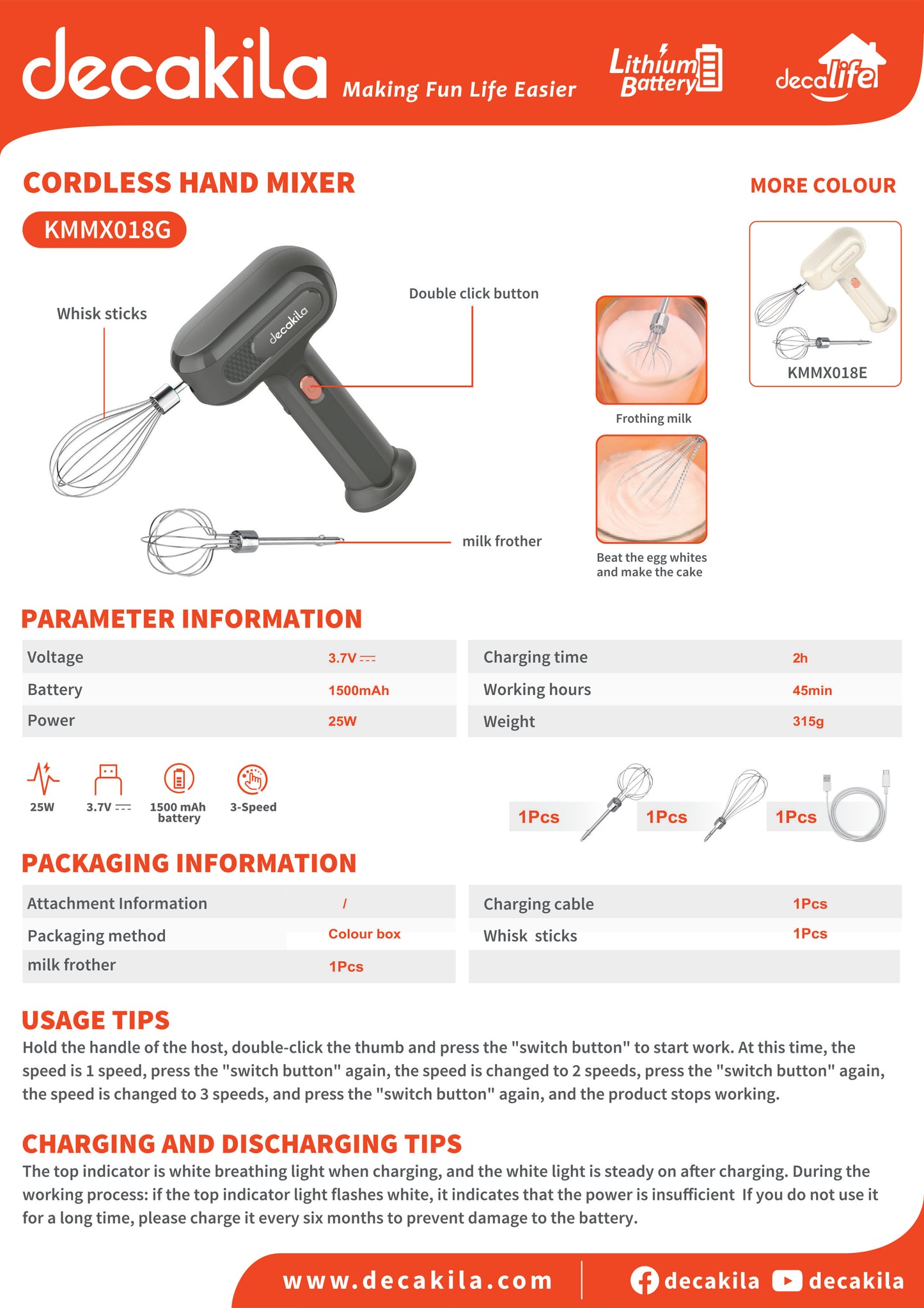 Decakila | KMMX018G | Decadeal | Cordless Hand Mixer, 25W, 3-Speed with Speed Control | 1 Year Warranty