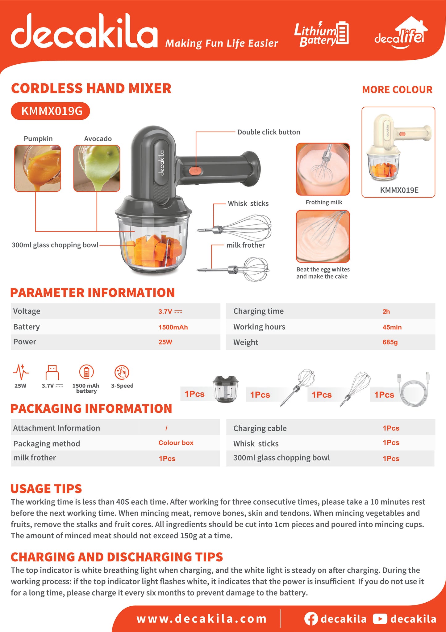 Decakila | KMMX019E | Decadeal| Cordless Hand Mixer with Chopping Bowl, 25W, 3-speeds with speed control | 1 Year Warranty