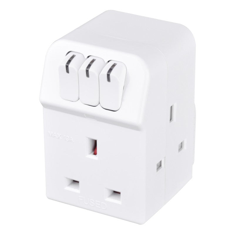 Masterplug | MSWG3 | 3 Way Individually Switched Adaptor, White | 3 Years Warranty