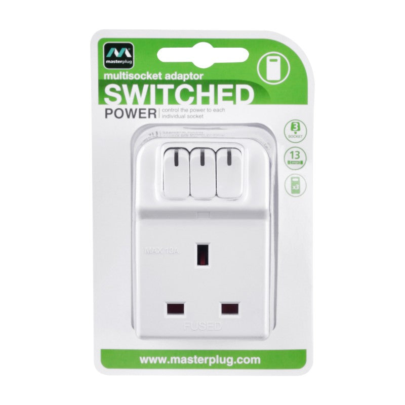 Masterplug | MSWG3 | 3 Way Individually Switched Adaptor, White | 3 Years Warranty