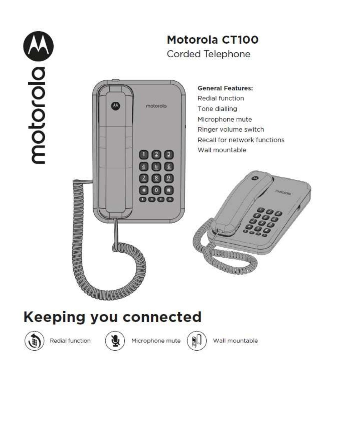 Motorola | CT100 | Basic Corded Phone | 1 Year Warranty