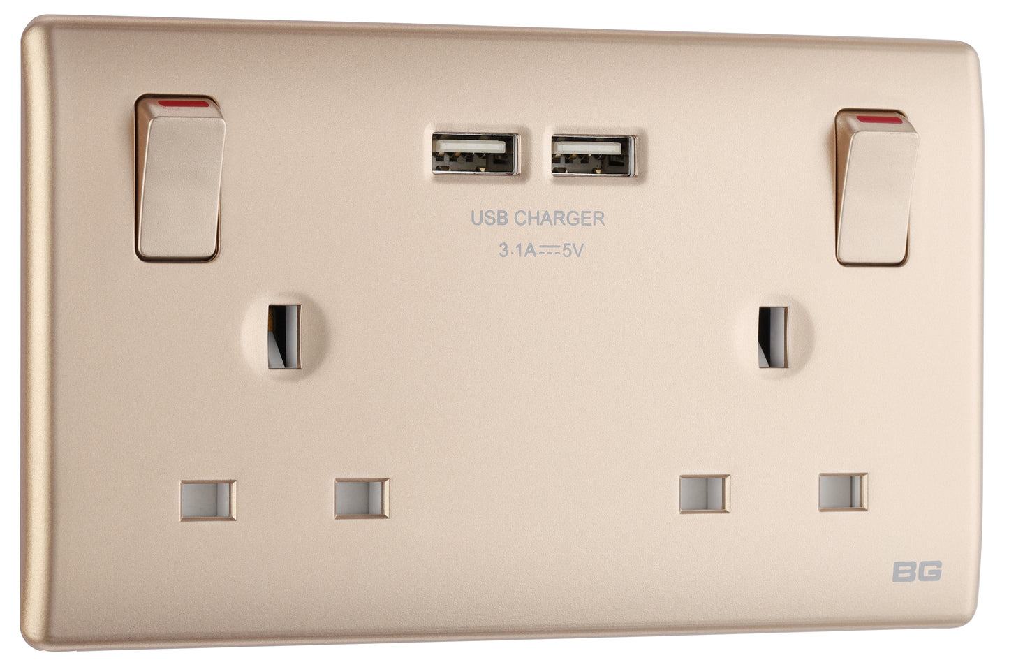 British General | PCCH22U3 | Neo Slimline Double Socket with USB Charger, Champagne | 10 Years Warranty