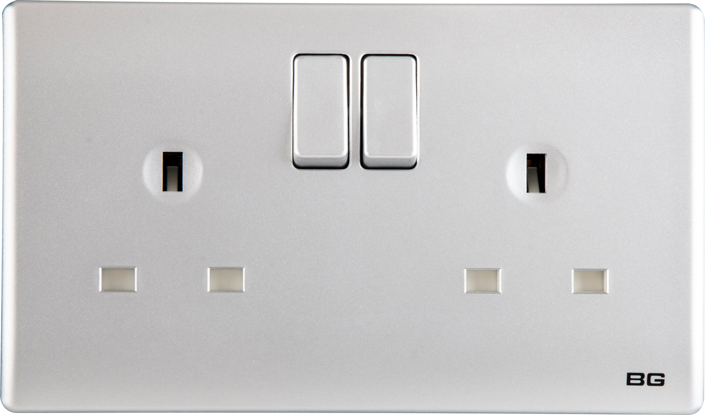 British General | PCSL22 | Neo Slimline Double Gang Switched Socket, Silver | 25 Years Warranty