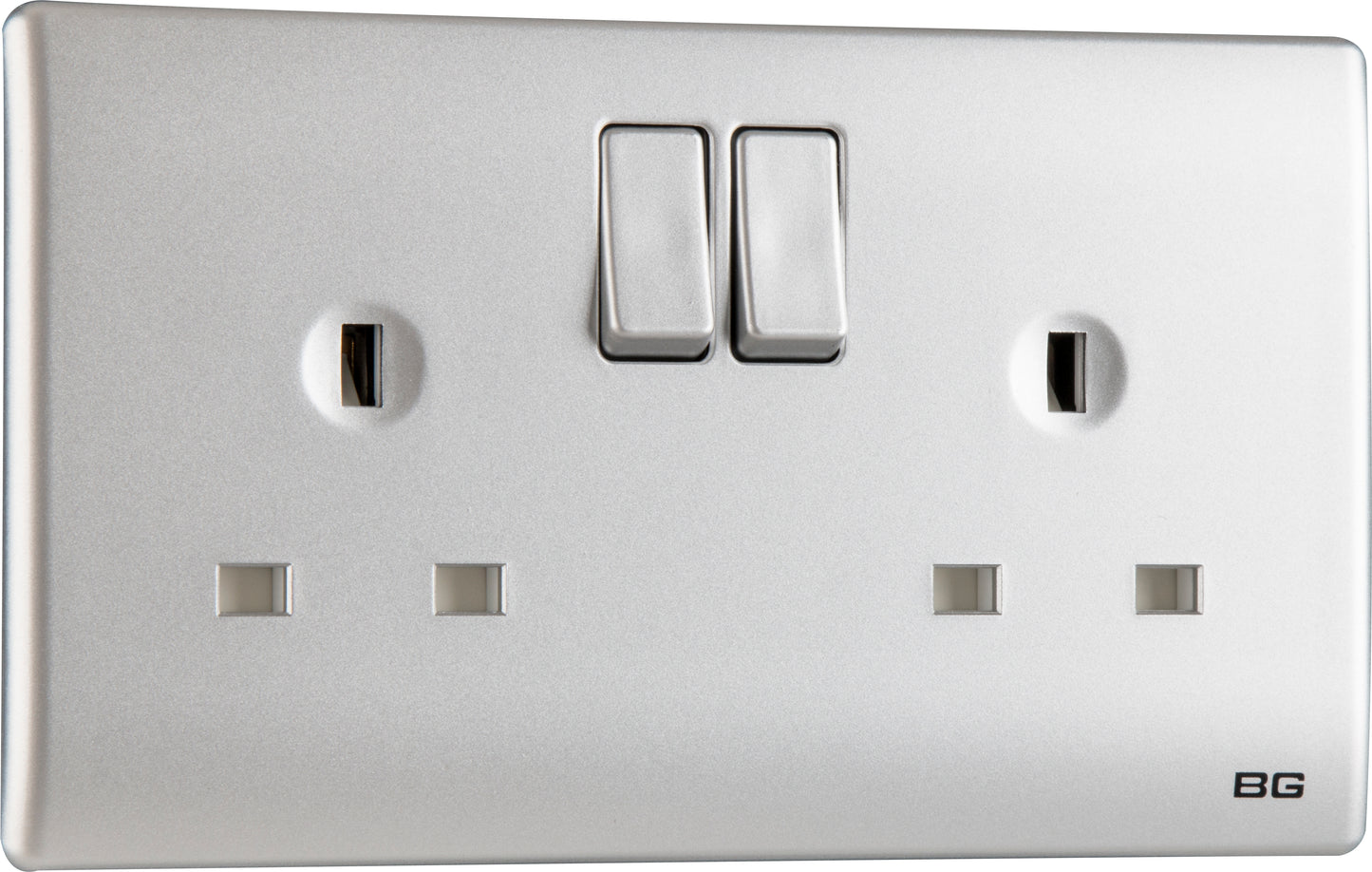 British General | PCSL22 | Neo Slimline Double Gang Switched Socket, Silver | 25 Years Warranty