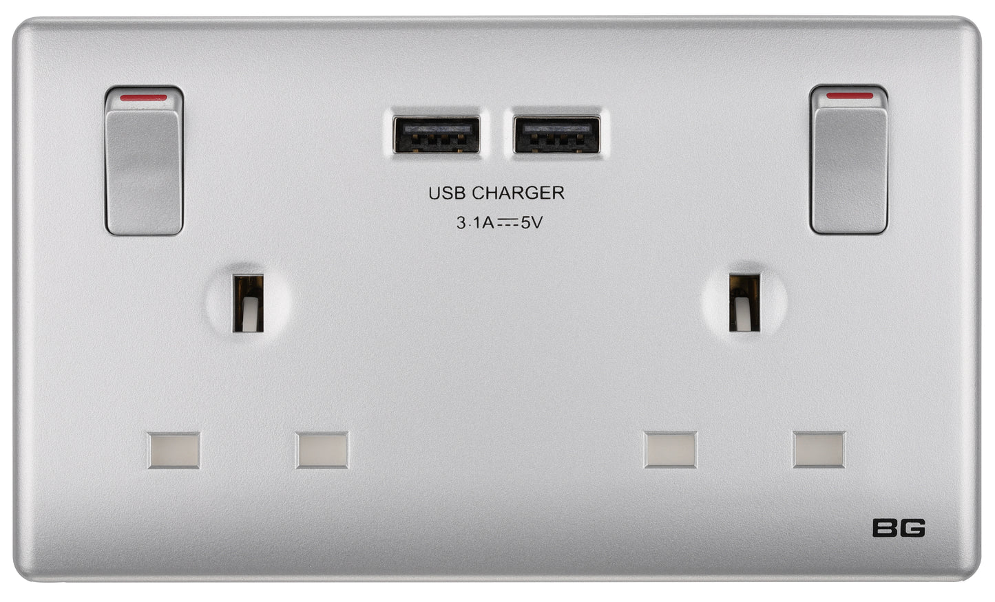 British General | PCSL22U3 | Neo Slimline Double Socket with USB Charger, Silver | 10 Years Warranty