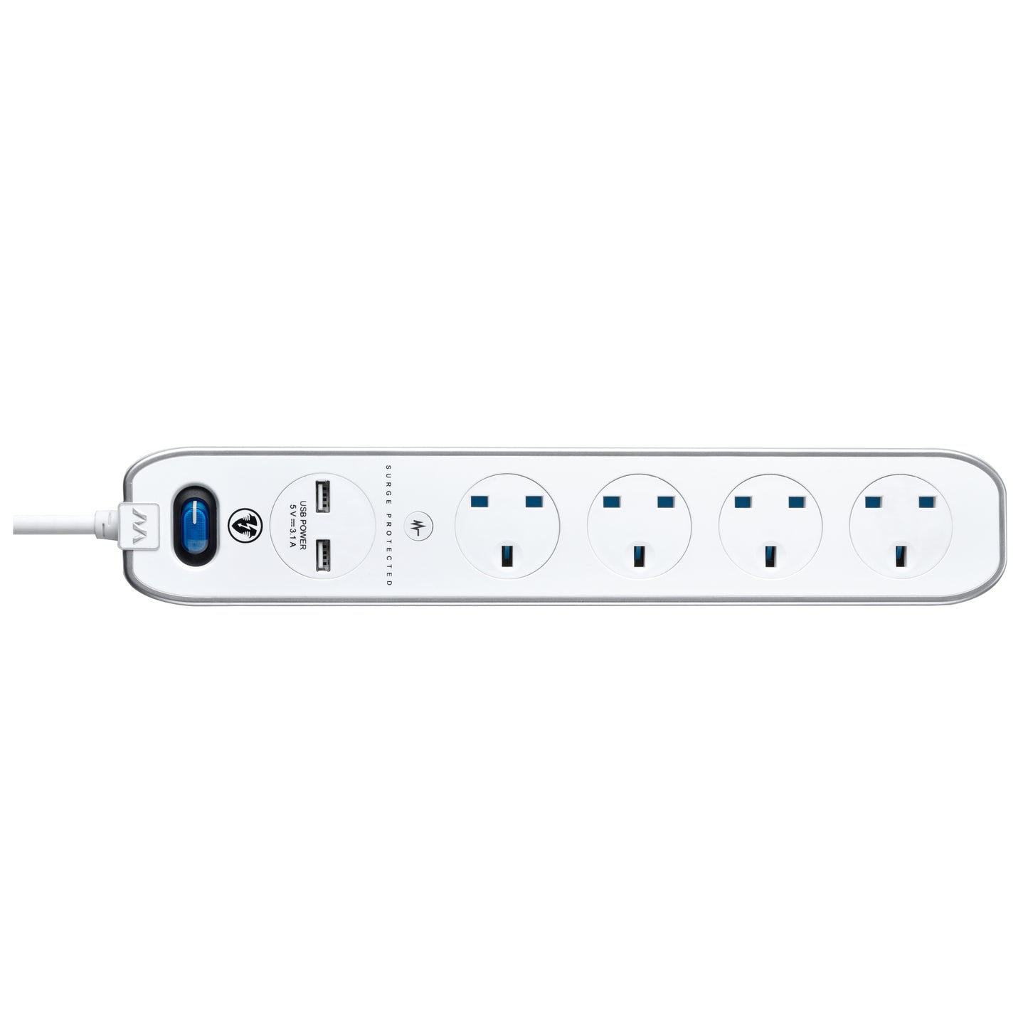 Masterplug | SRGLSU43PW | USB Surge Extension Lead with 2 x USB, 4 Sockets, 3 meter, White | 3 Years Warranty