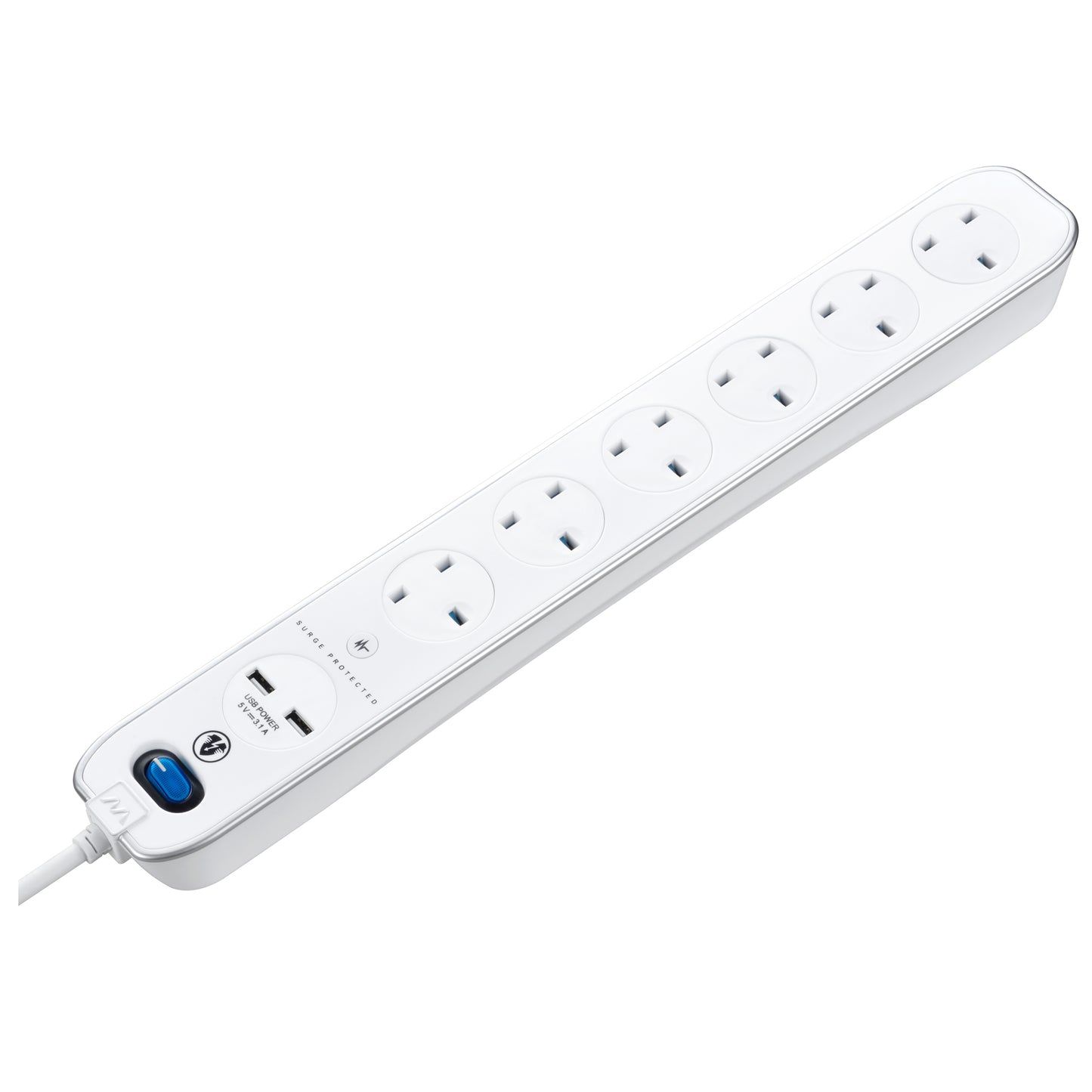 Masterplug | SRGLSU63PW | USB Surge Extension Lead with 2 x USB, 6 Sockets, 3 meter, White | 3 Years Warranty