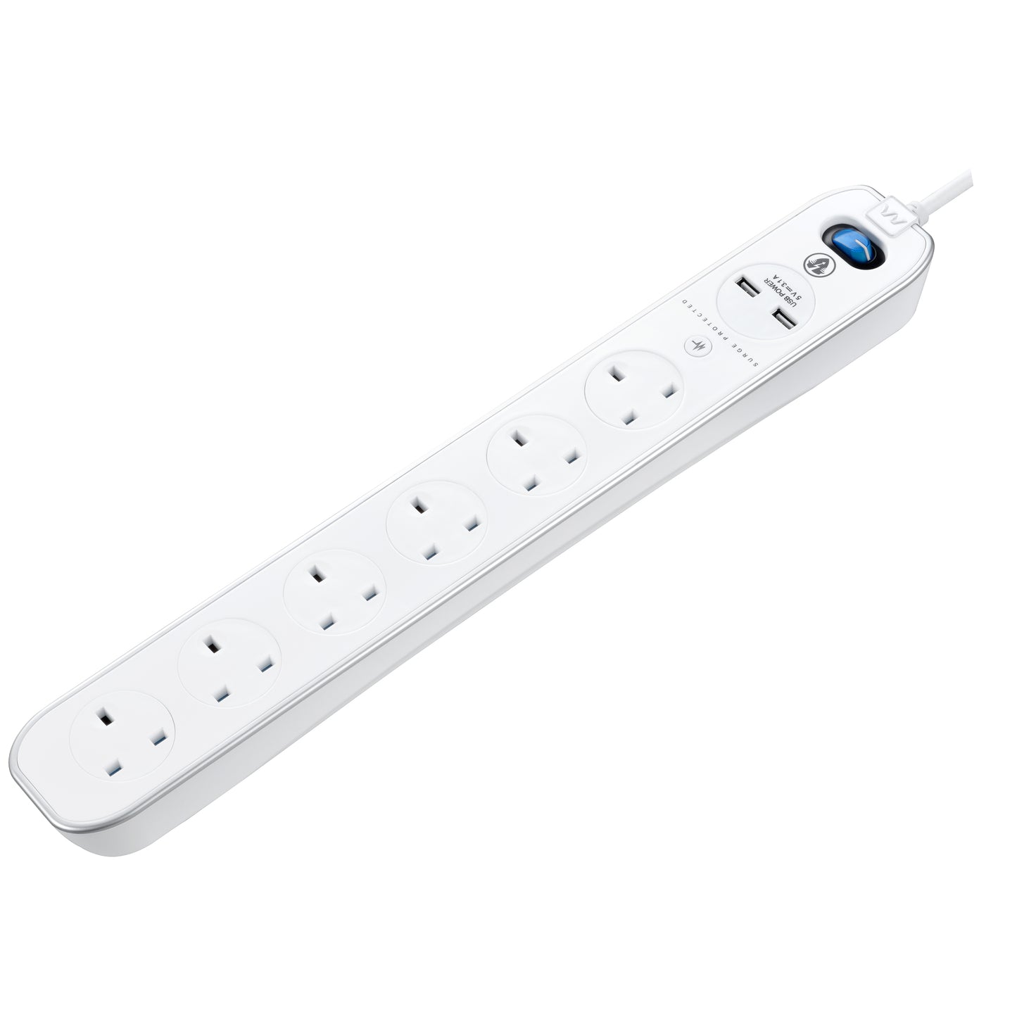 Masterplug | SRGLSU63PW | USB Surge Extension Lead with 2 x USB, 6 Sockets, 3 meter, White | 3 Years Warranty