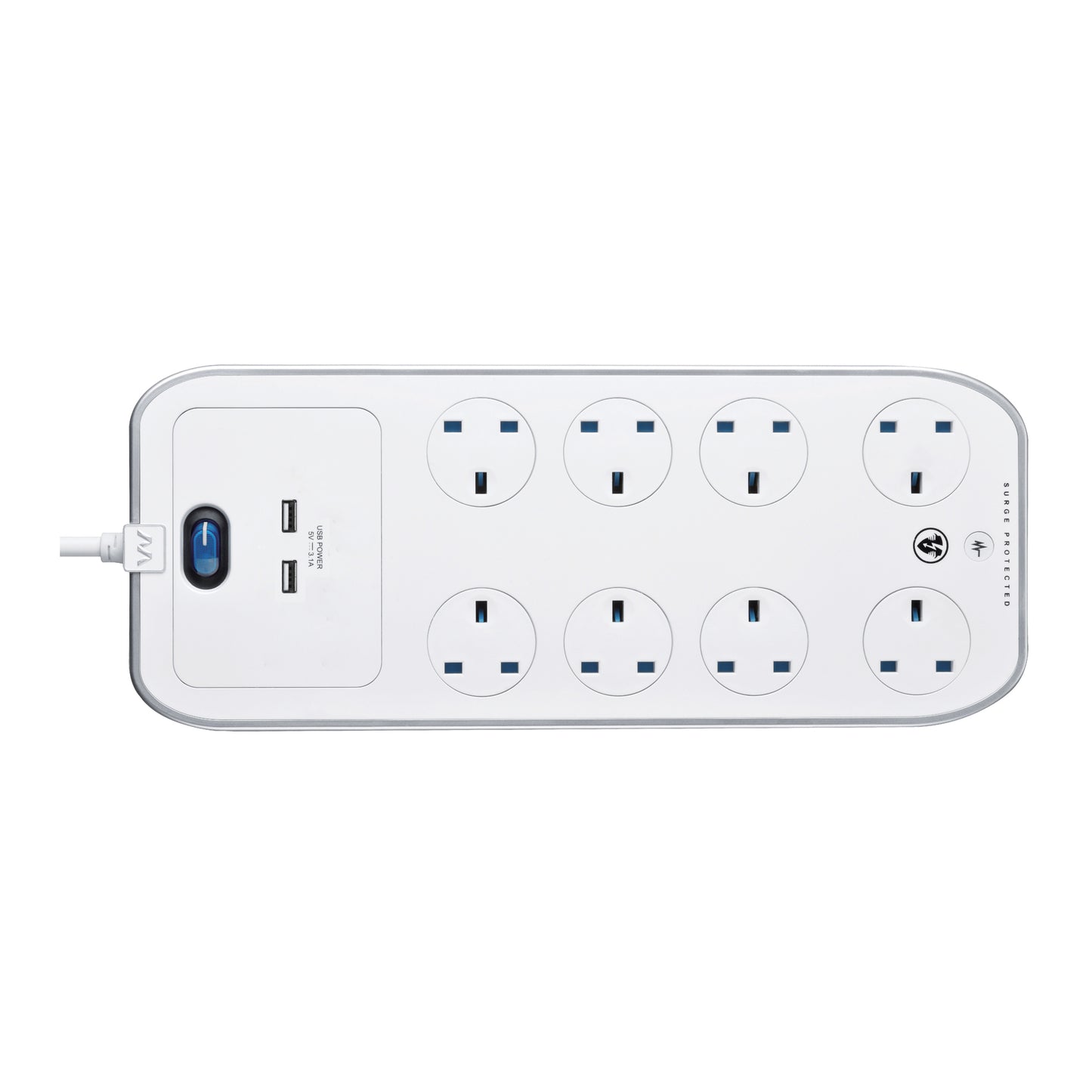 Masterplug | SRGSU83PW | USB Surge Protected Extension Lead, 8 Sockets, 3 meter, White | 3 Years Warranty