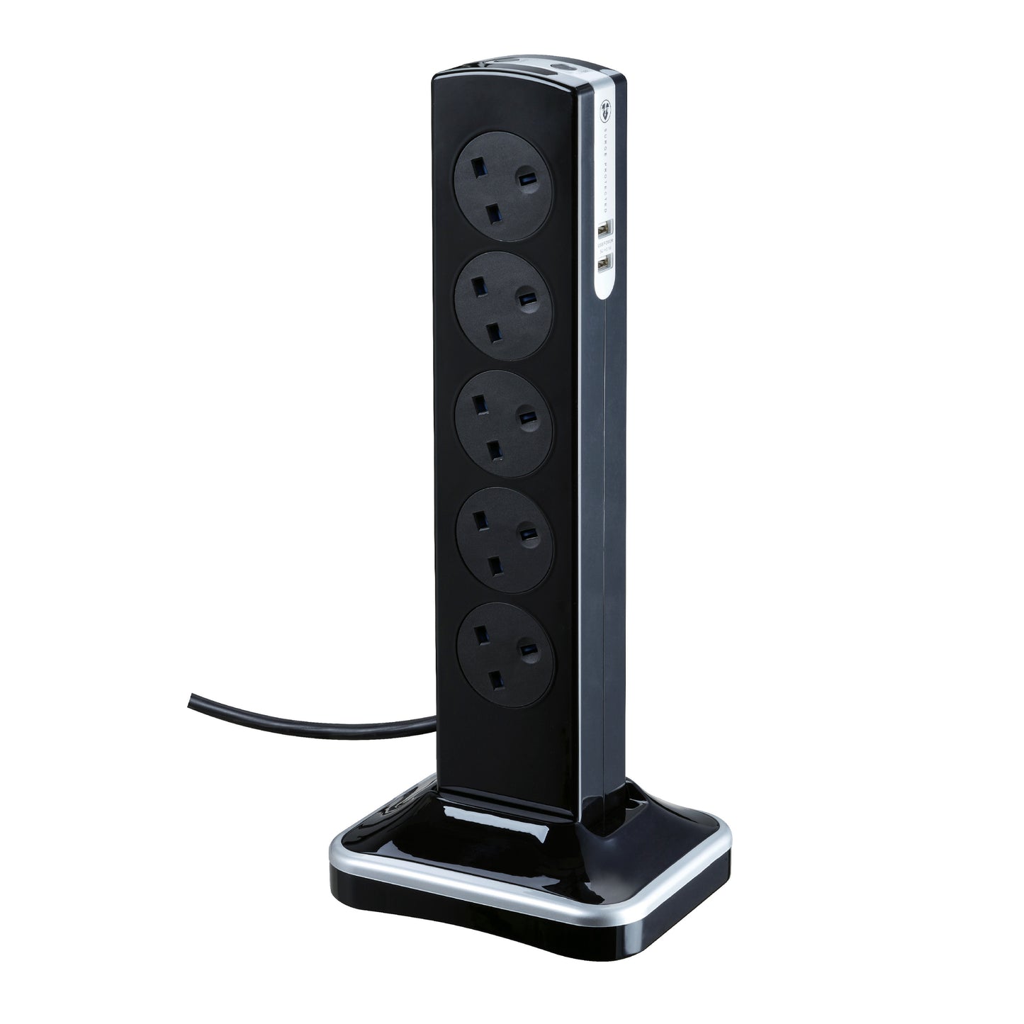 Masterplug | SRGTOWSU103PB | High Gloss USB 10 Sockets Tower Extension Lead, 3 meter, Piano Black | 3 Years Warranty