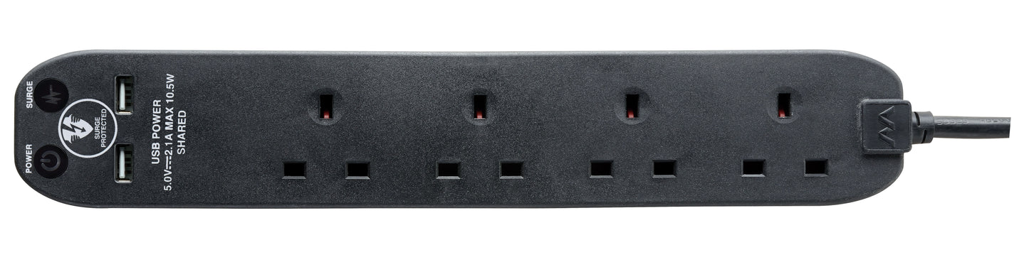 Masterplug | SRGU42N | Surge Extension Lead, 4 Sockets with 2xUSB, 2 meter, Black/ White | 3 Years Warranty