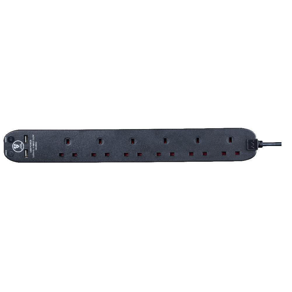 Masterplug | SRGU62N | Surge Extension Lead, 6 Sockets with 2xUSB, 2 meter, Black/ White | 3 Years Warranty