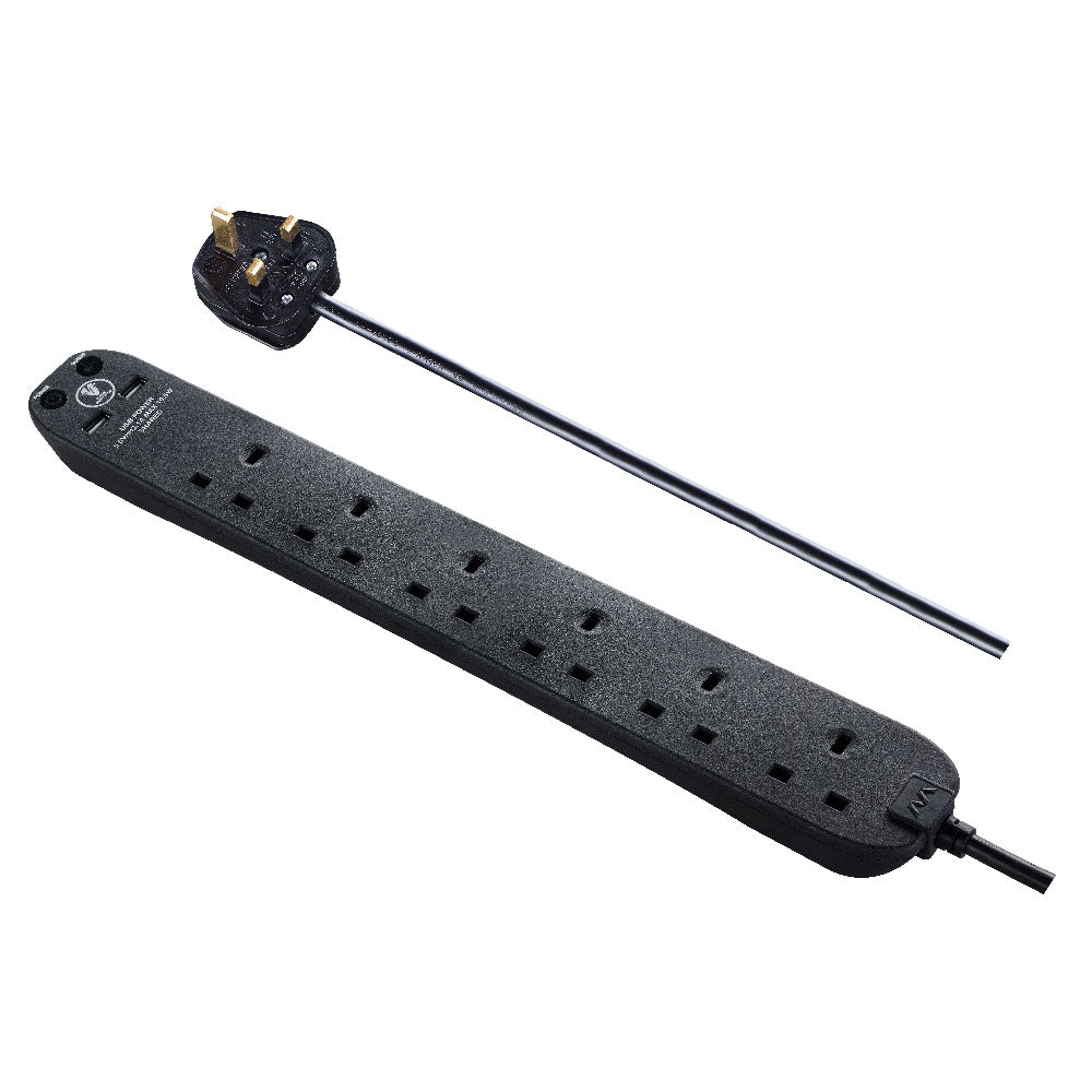 Masterplug | SRGU62N | Surge Extension Lead, 6 Sockets with 2xUSB, 2 meter, Black/ White | 3 Years Warranty