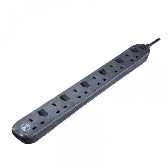 Masterplug | SWSRG62N | Individually Switched Extension Lead, 6 Sockets, 2 meter, Black/ White | 3 Years Warranty