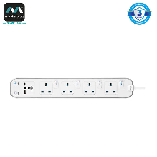 Masterplug SWSRGUAC2042PW  | 4 Sockets 3 Metre Surge+Switched Extension Lead With Super-Fast USB A+C | 3 Years Warranty