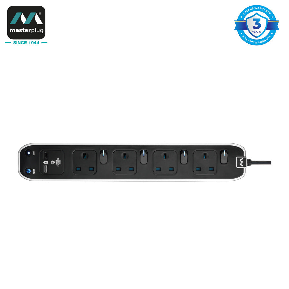 Masterplug SWSRGUAC2042PW  | 4 Sockets 3 Metre Surge+Switched Extension Lead With Super-Fast USB A+C | 3 Years Warranty