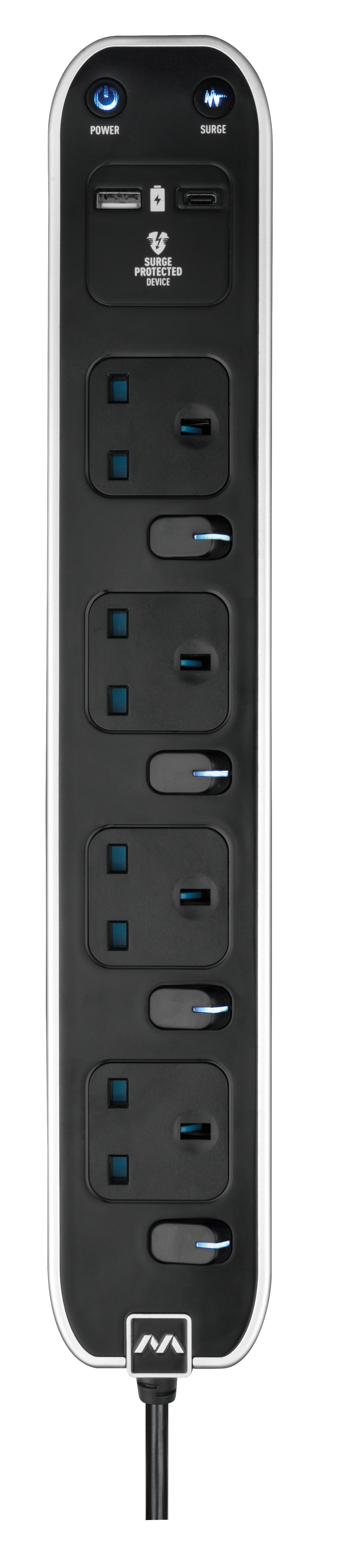 Masterplug SWSRGUAC2042PW  | 4 Sockets 3 Metre Surge+Switched Extension Lead With Super-Fast USB A+C | 3 Years Warranty